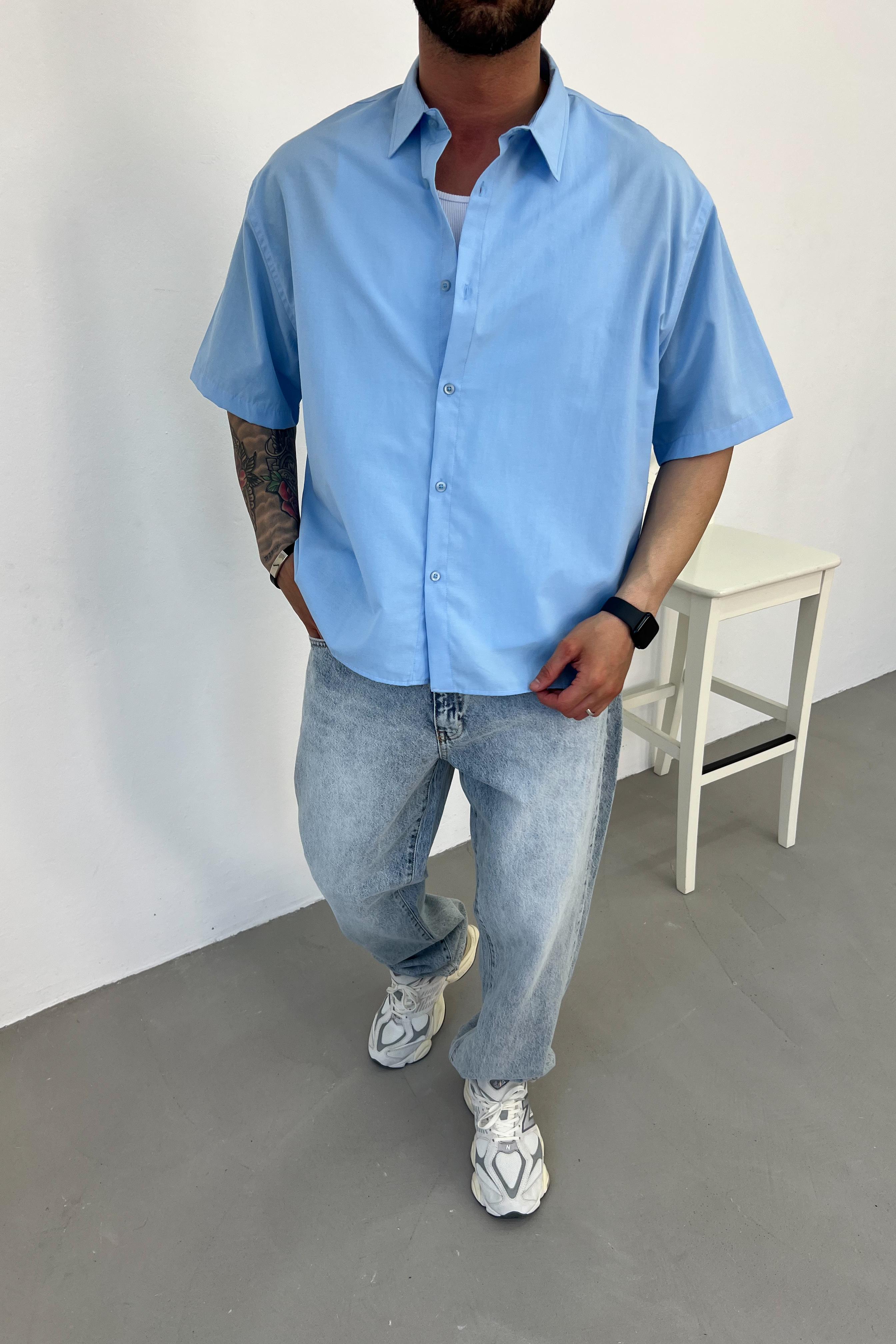 Oversize Basic Kısa Kollu Gömlek 10-13 - Bebe Mavi