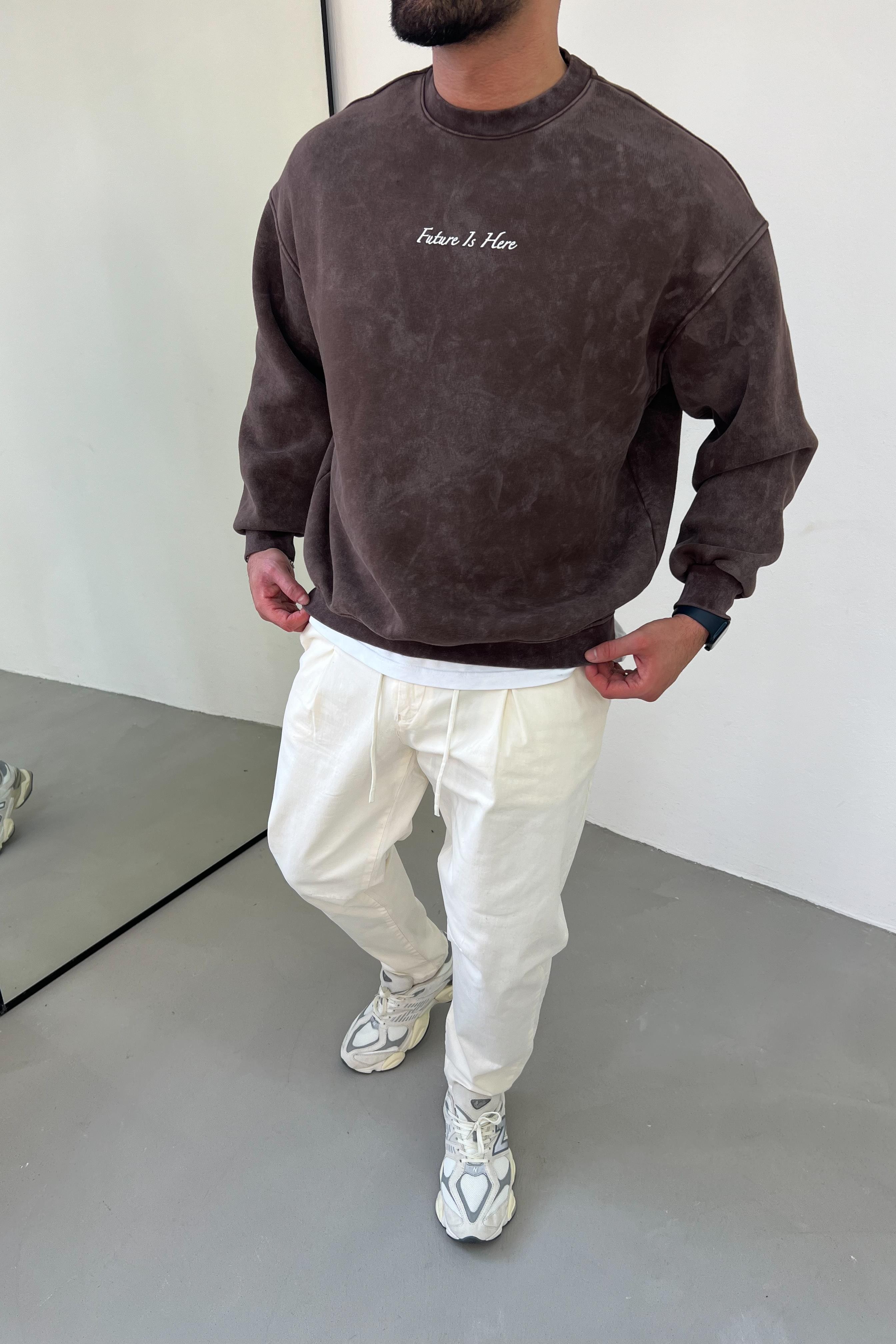 Future Is Here Yazı Detaylı Yıkamalı Kahve Oversize Sweatshirt 49