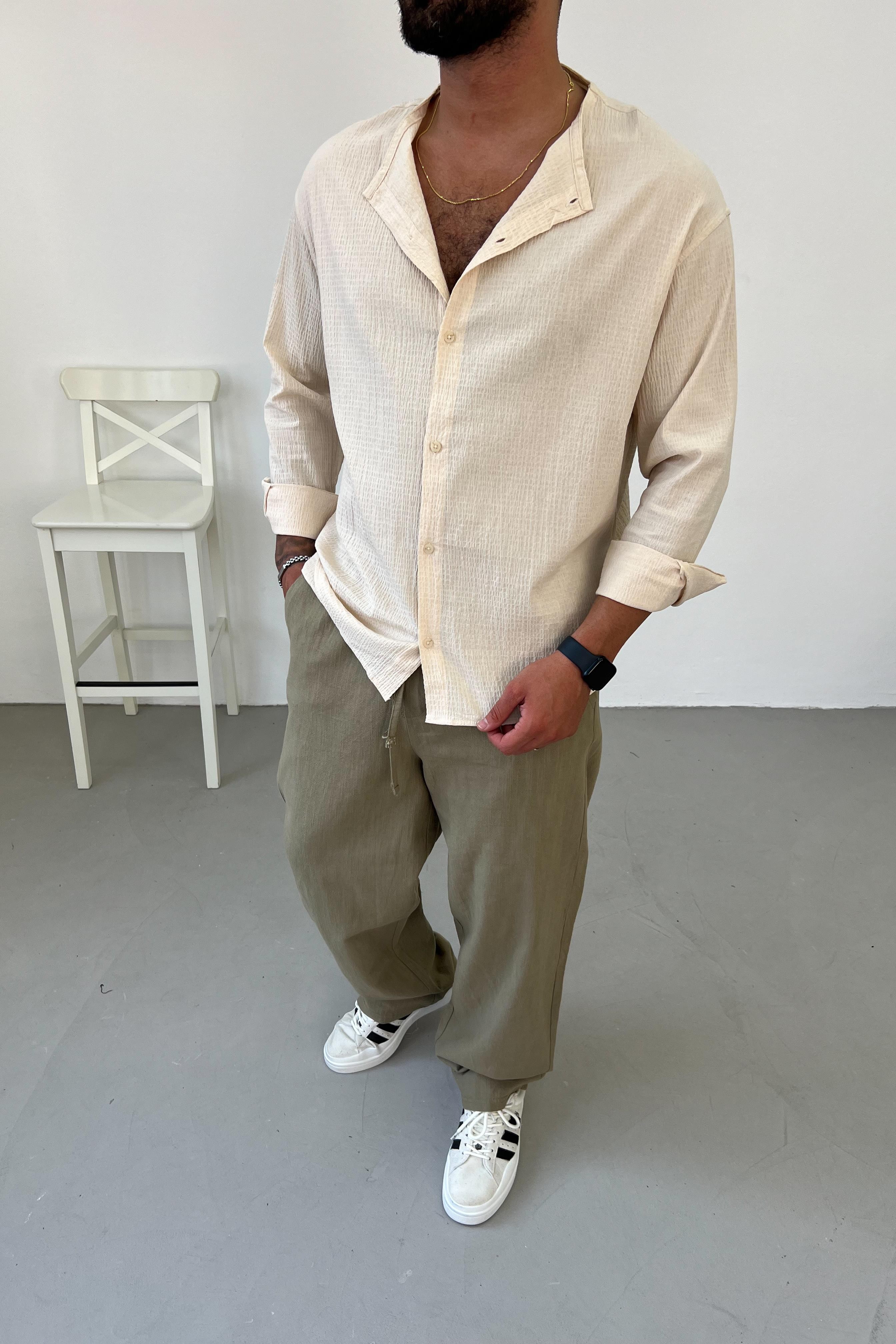 Müslin Kumaş Bej Oversize Yakasız Gömlek 127