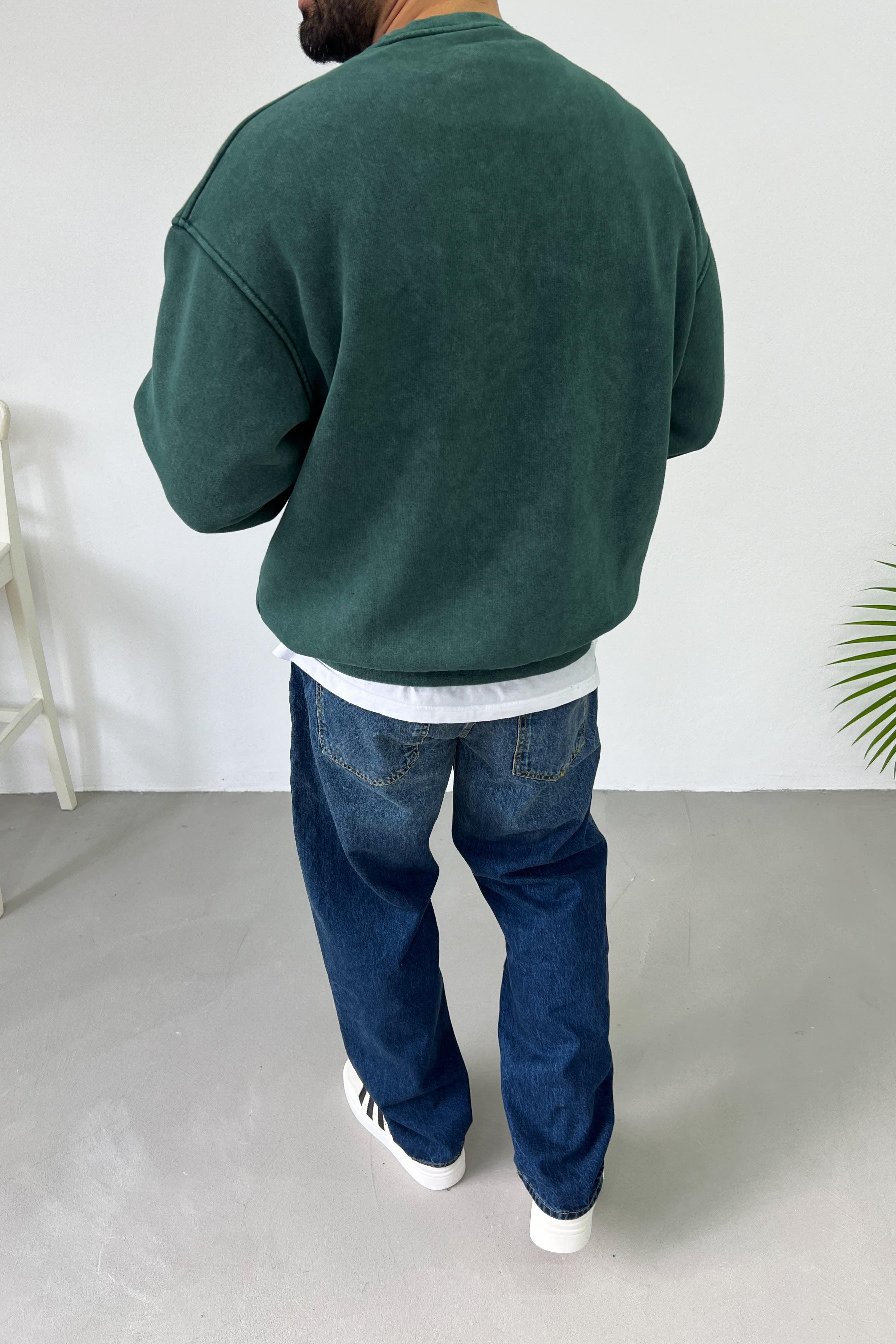 Nakış Detaylı Yıkamalı Yeşil Oversize Basic Sweatshirt 55