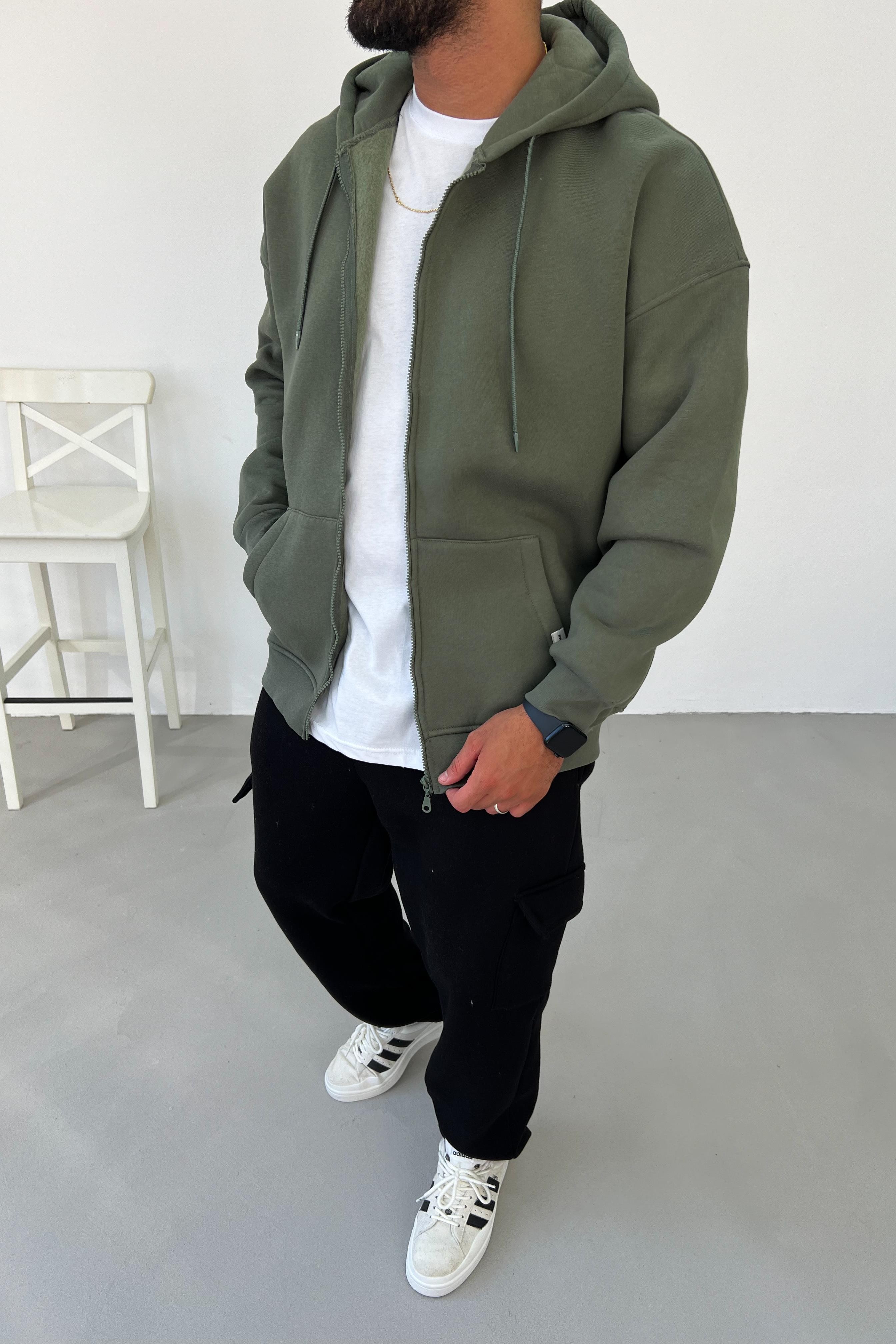 Fermuarlı Oversize Haki Basic Sweatshirt 1375