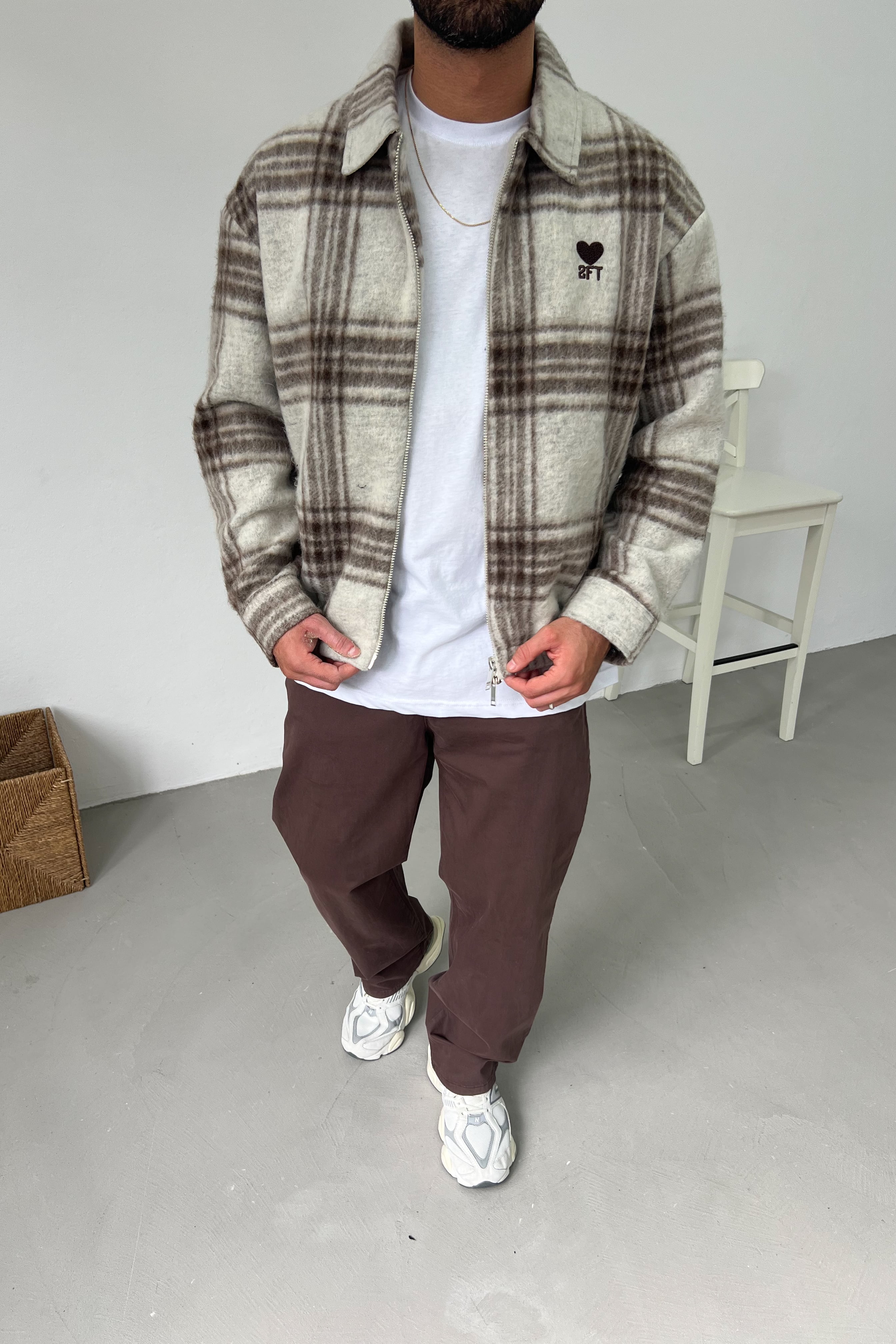 Oversize Ekose Kaşe Ceket 7030 - Bej