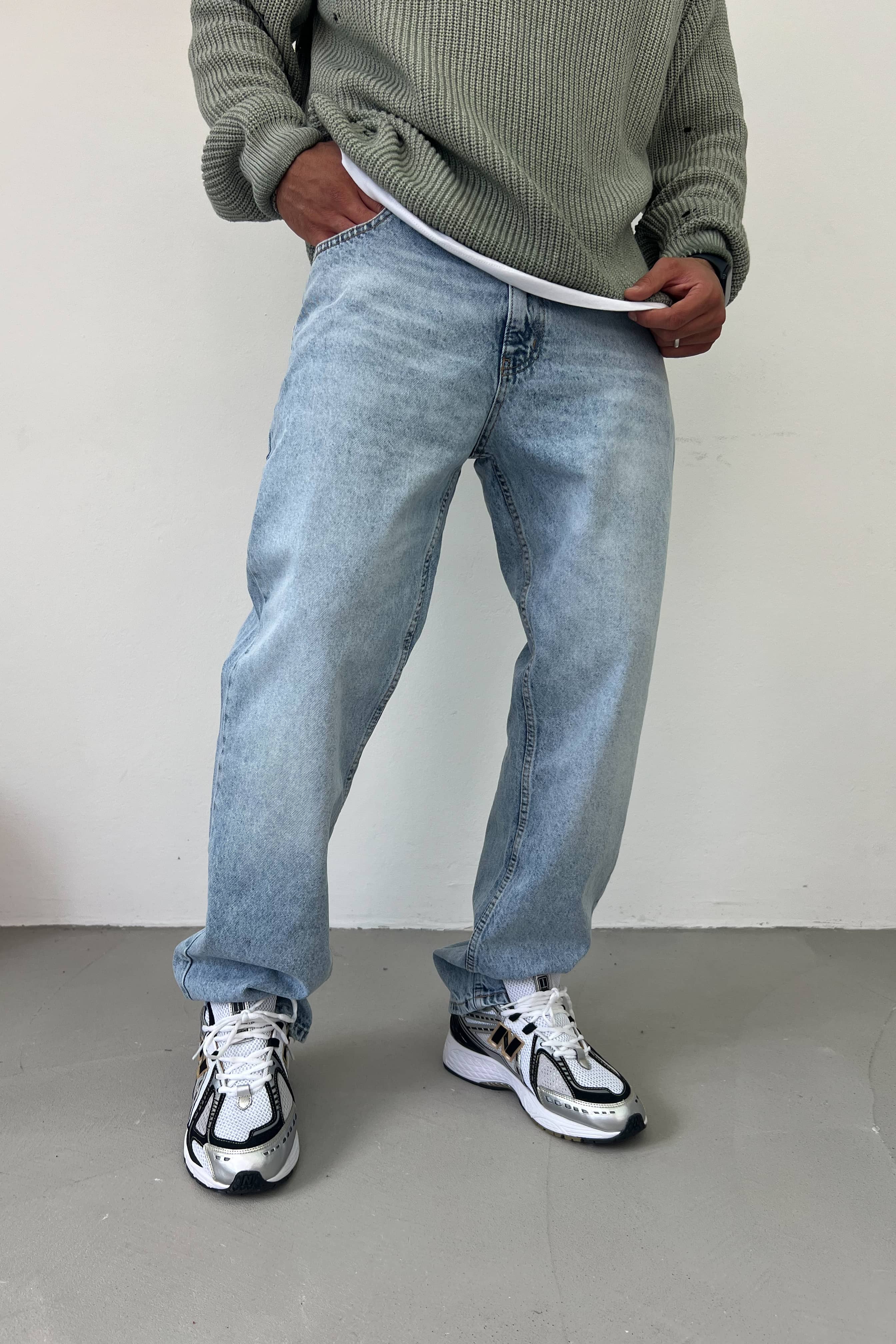 Taşlamalı Buz Mavi Baggy Pantolon 7358