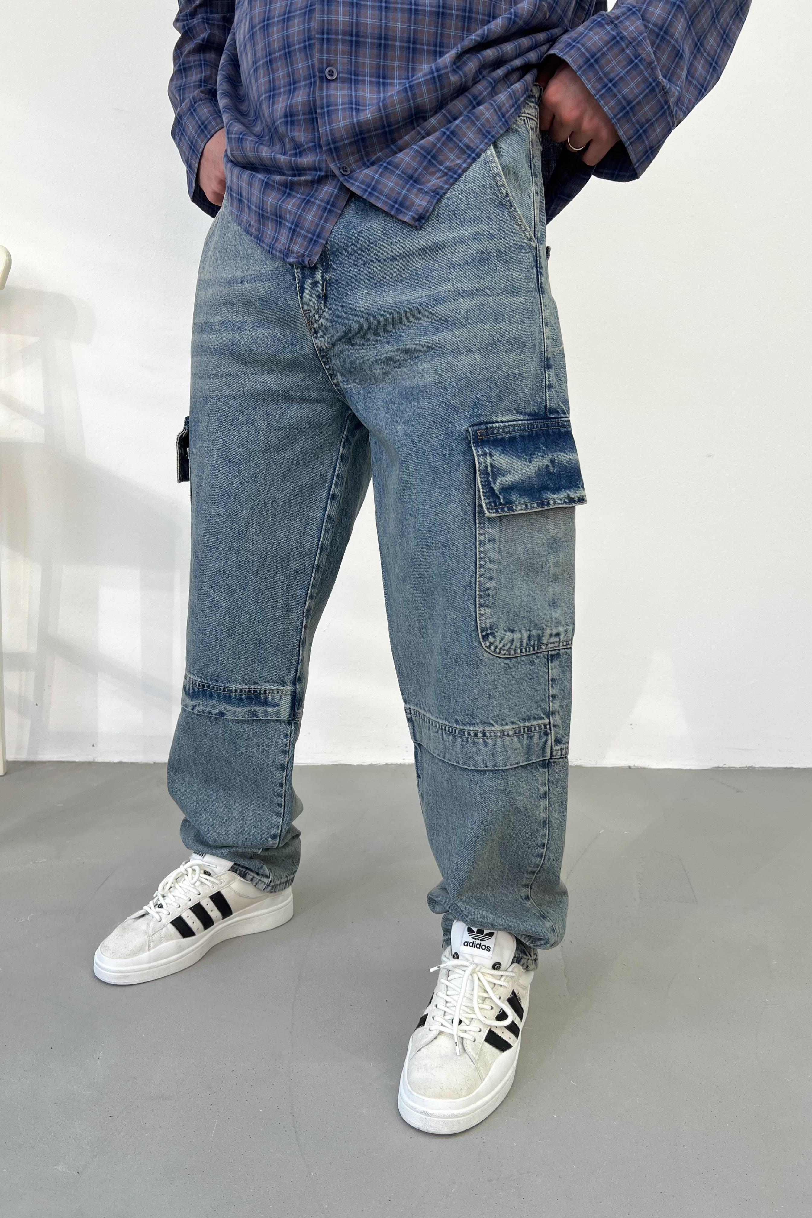 Eskitme Detaylı Mavi Kargo Baggy Pantolon 2841