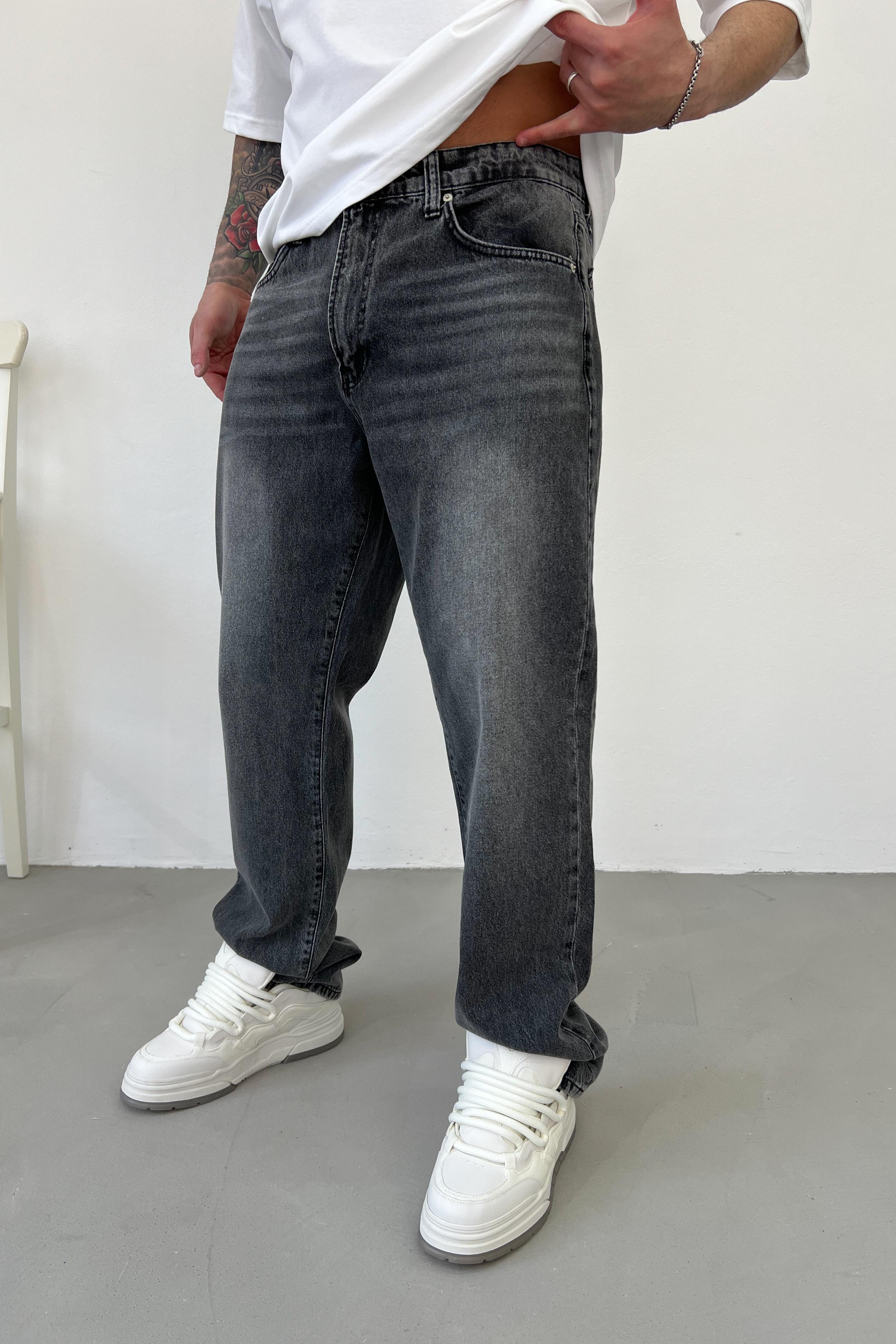 Taşlamalı Füme Baggy Pantolon 16599-2