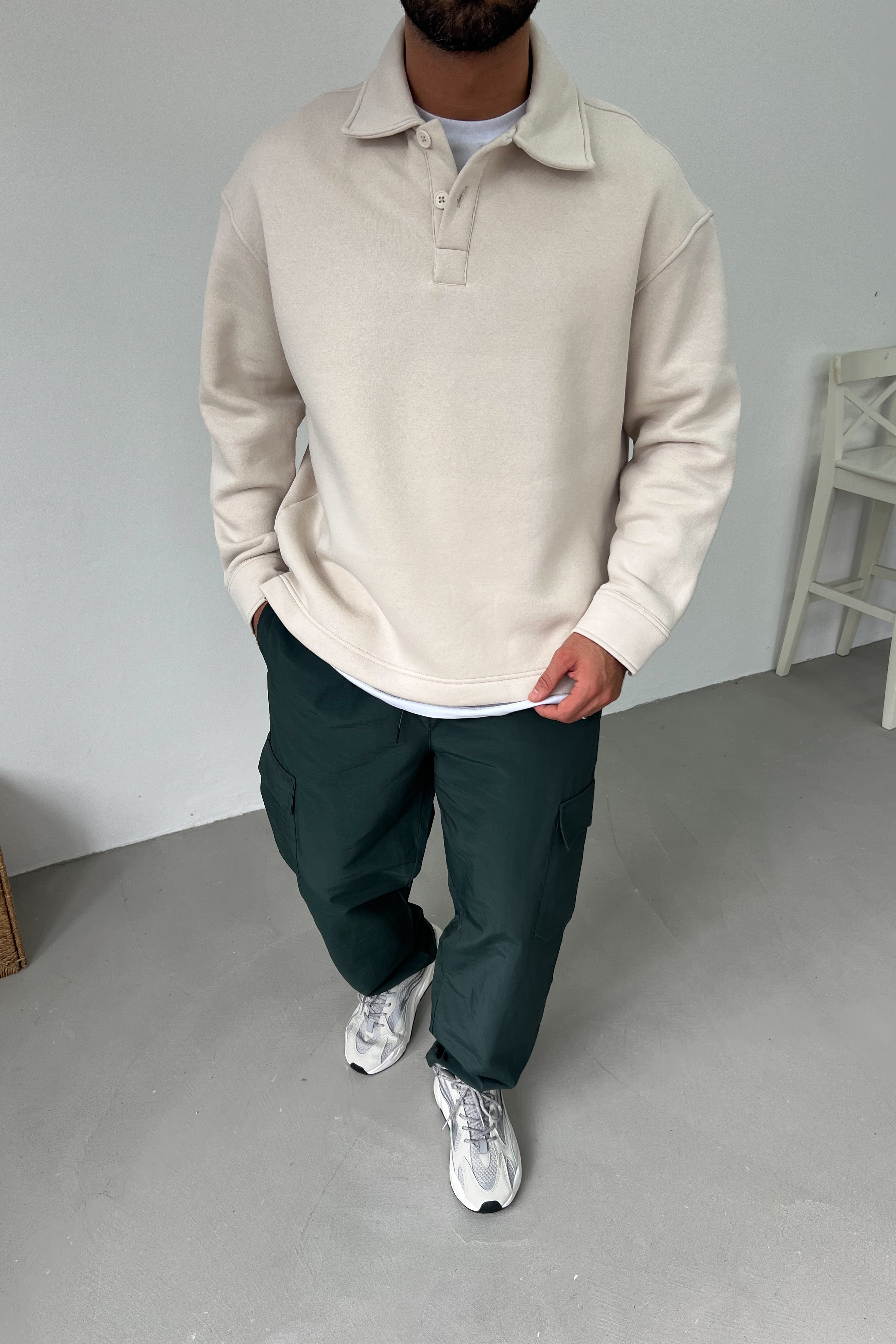 Polo Yaka Basic Oversize Sweatshirt 7081 - Bej