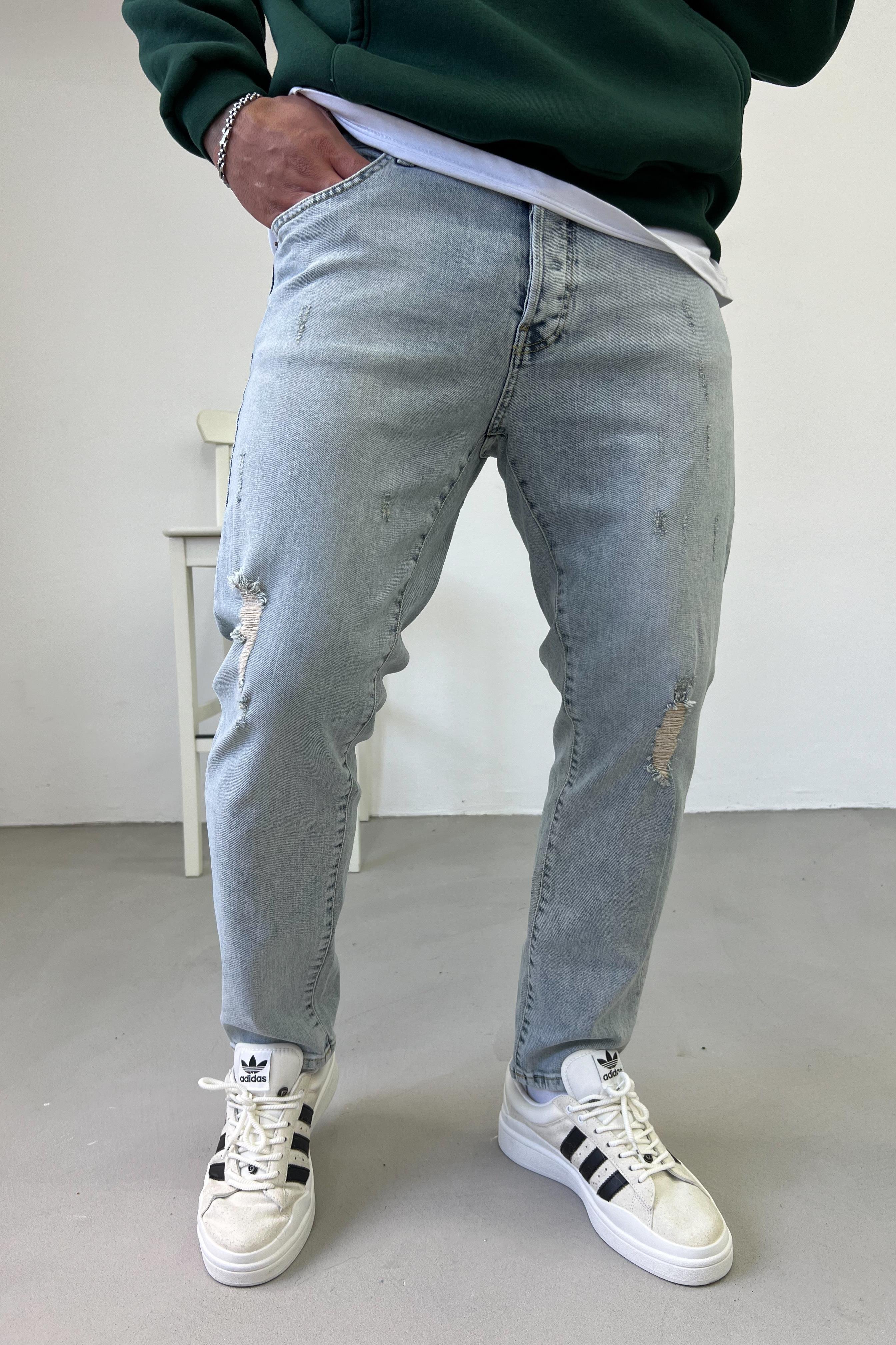 Yırtık Detaylı Buz Mavi Boyfriend Pantolon 15993-1