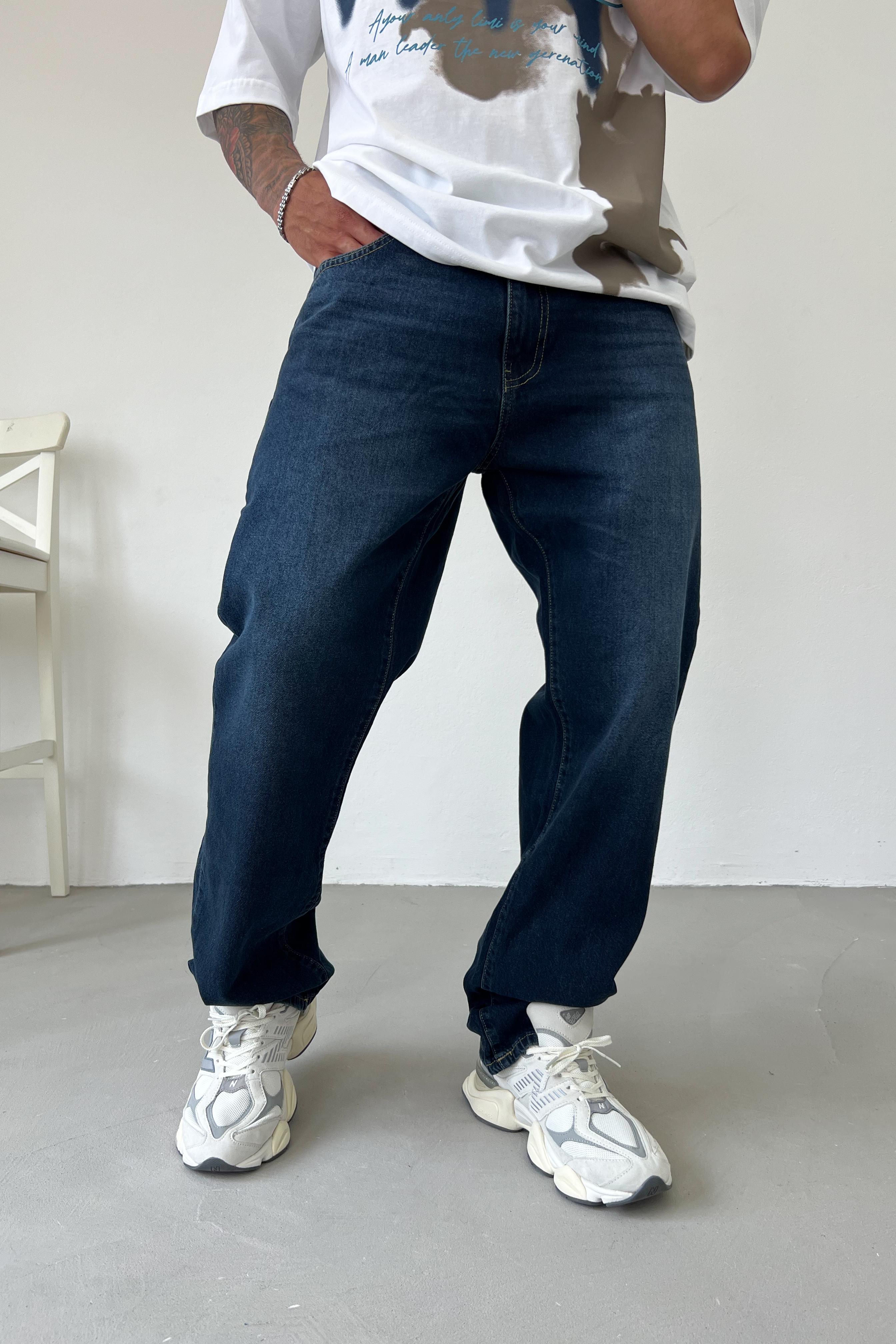 Taşlamalı Koyu Mavi Baggy Pantolon 16668-1