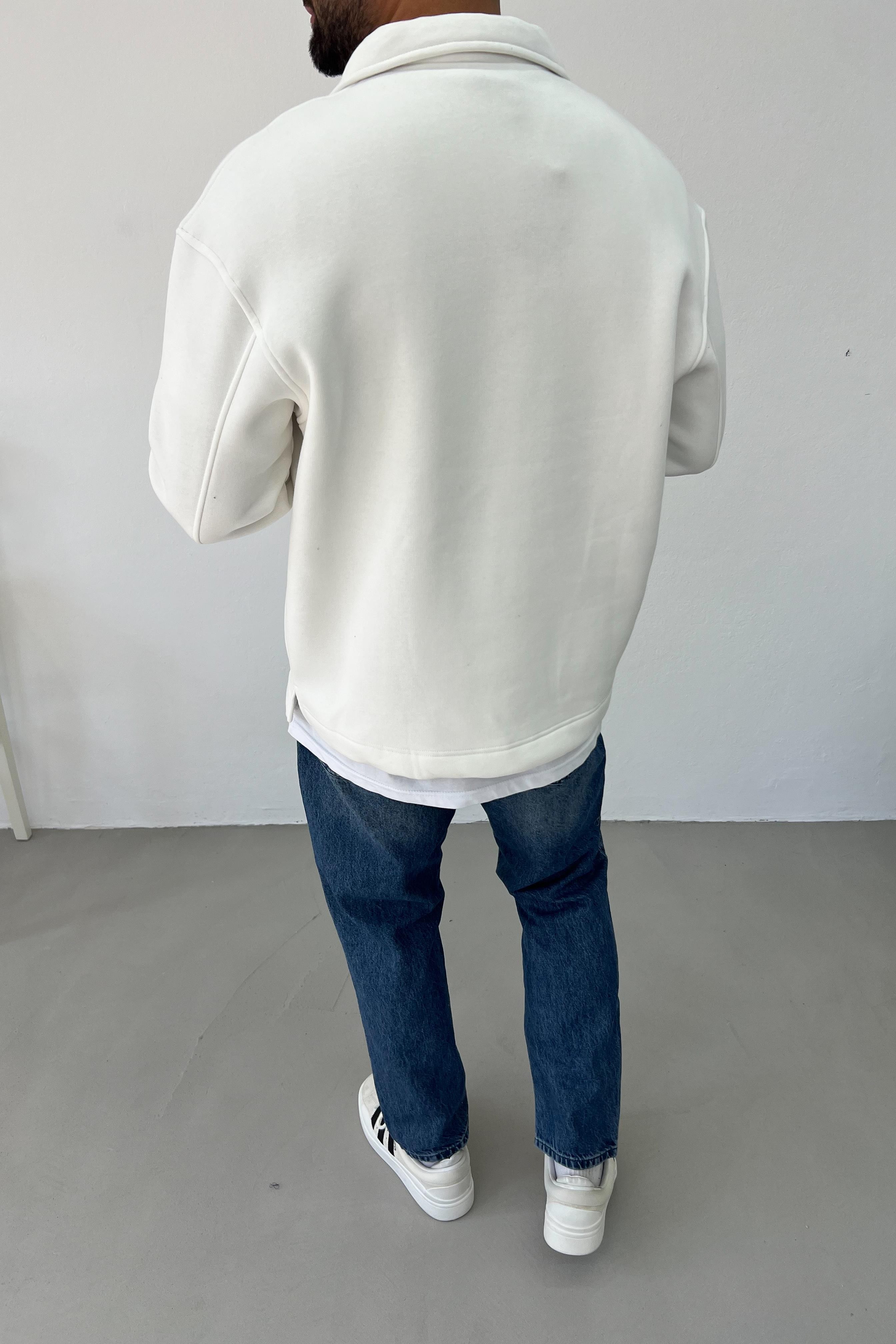 Basic Polo Yaka Beyaz Oversize Sweatshirt 1562