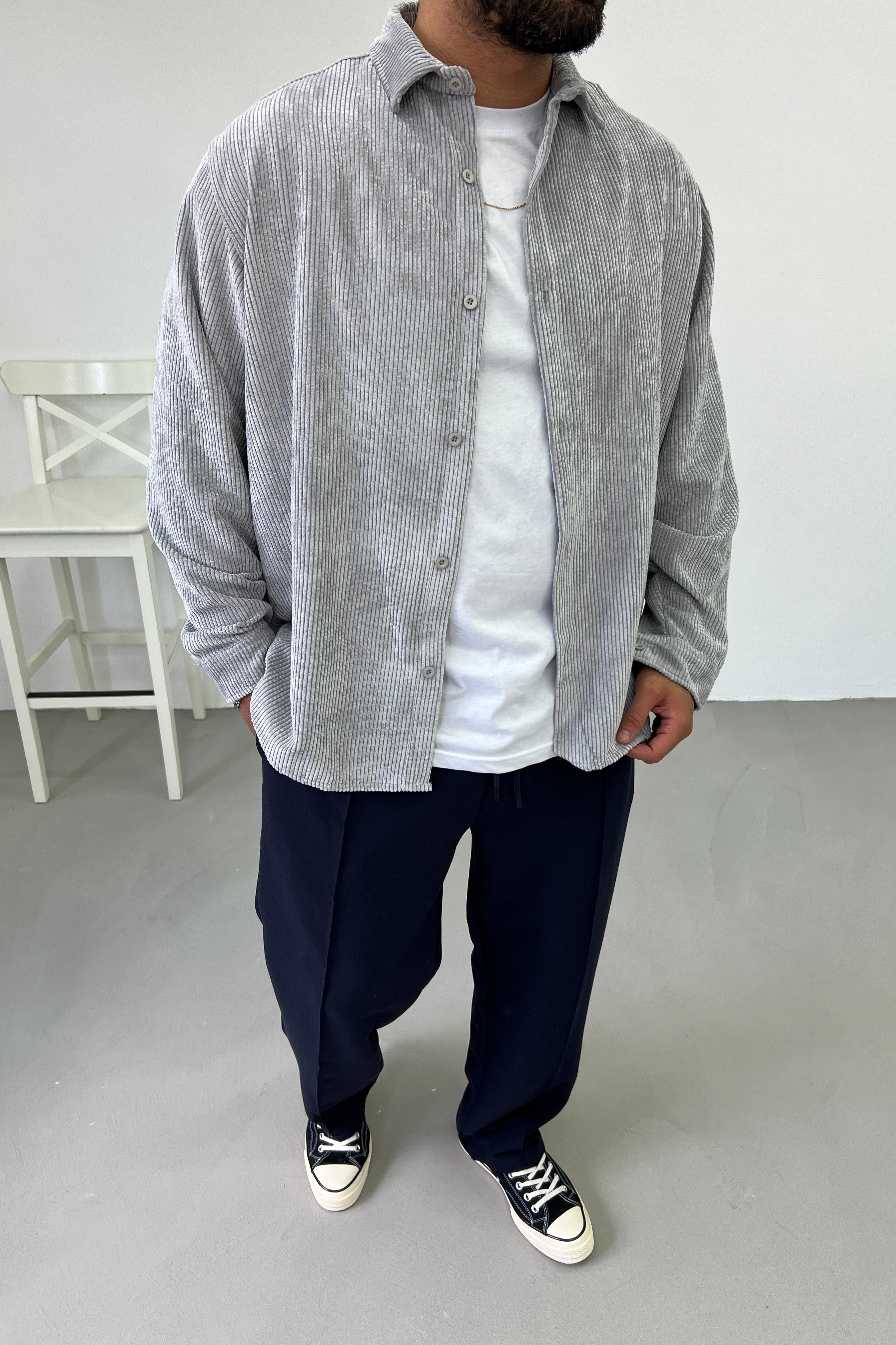 Oversize Gri Kadife Gömlek 1625