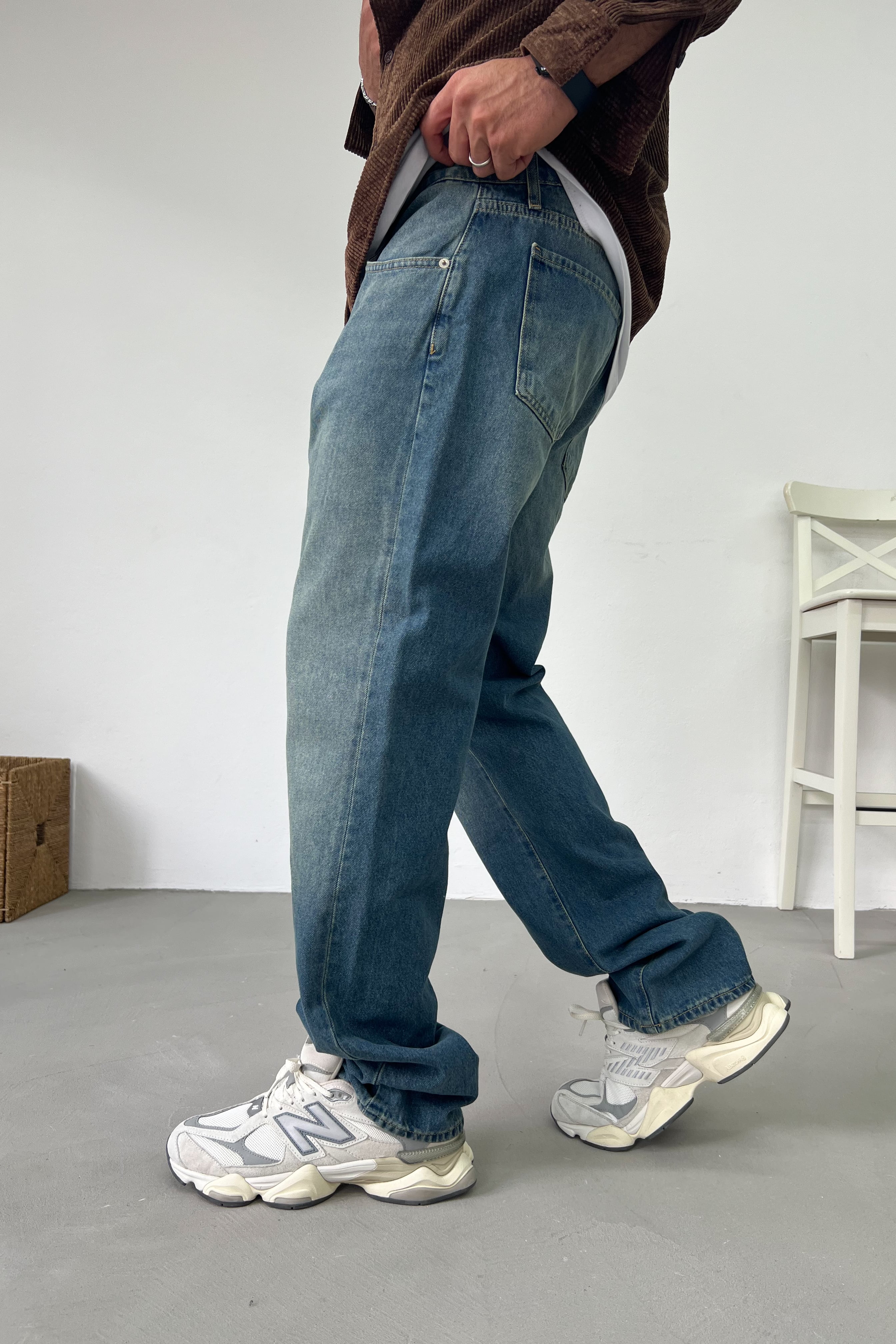 Taşlamalı Mavi Baggy Pantolon 16902-5
