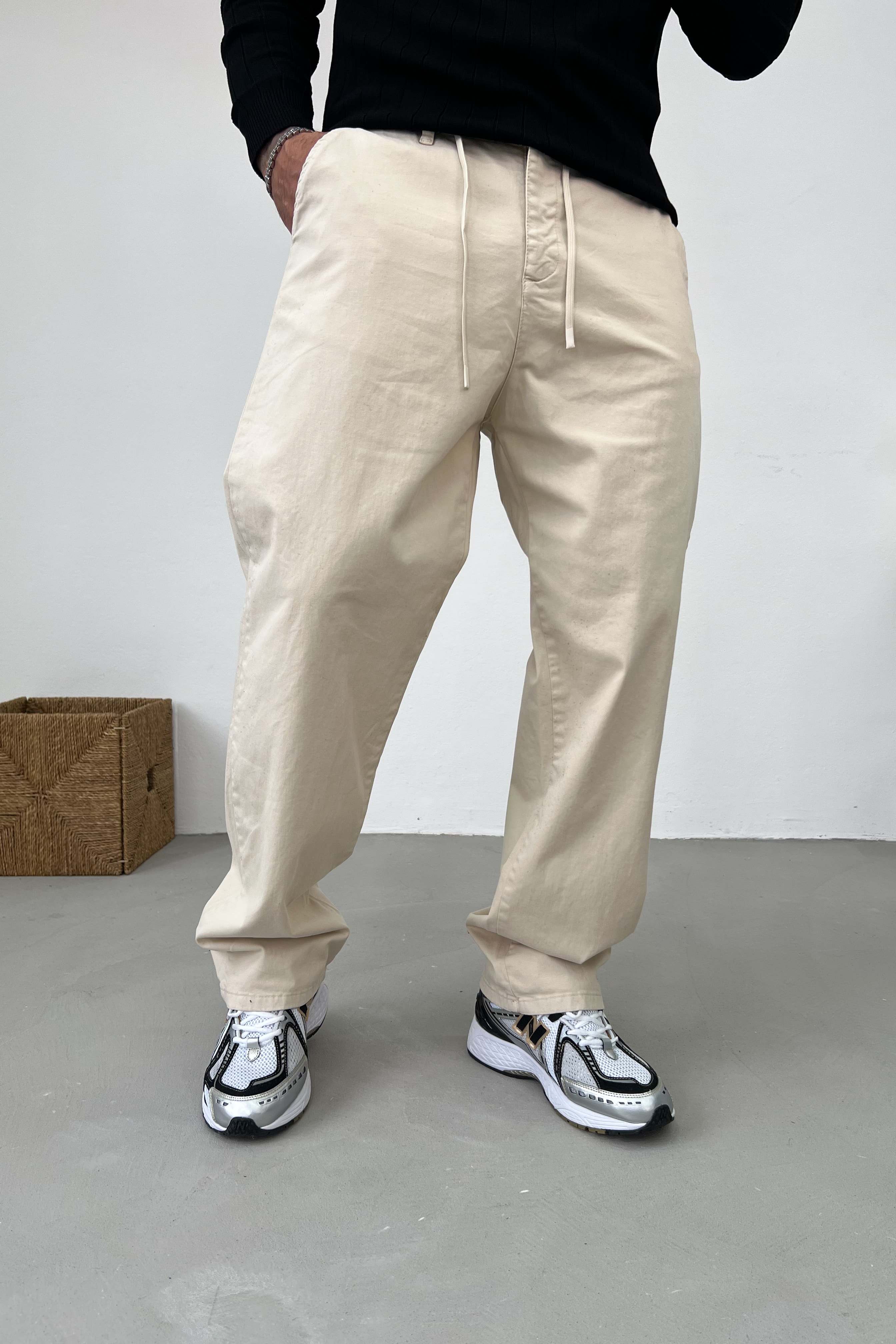 Beli İp Detaylı Gabardin Baggy Pantolon 3098 - Bej