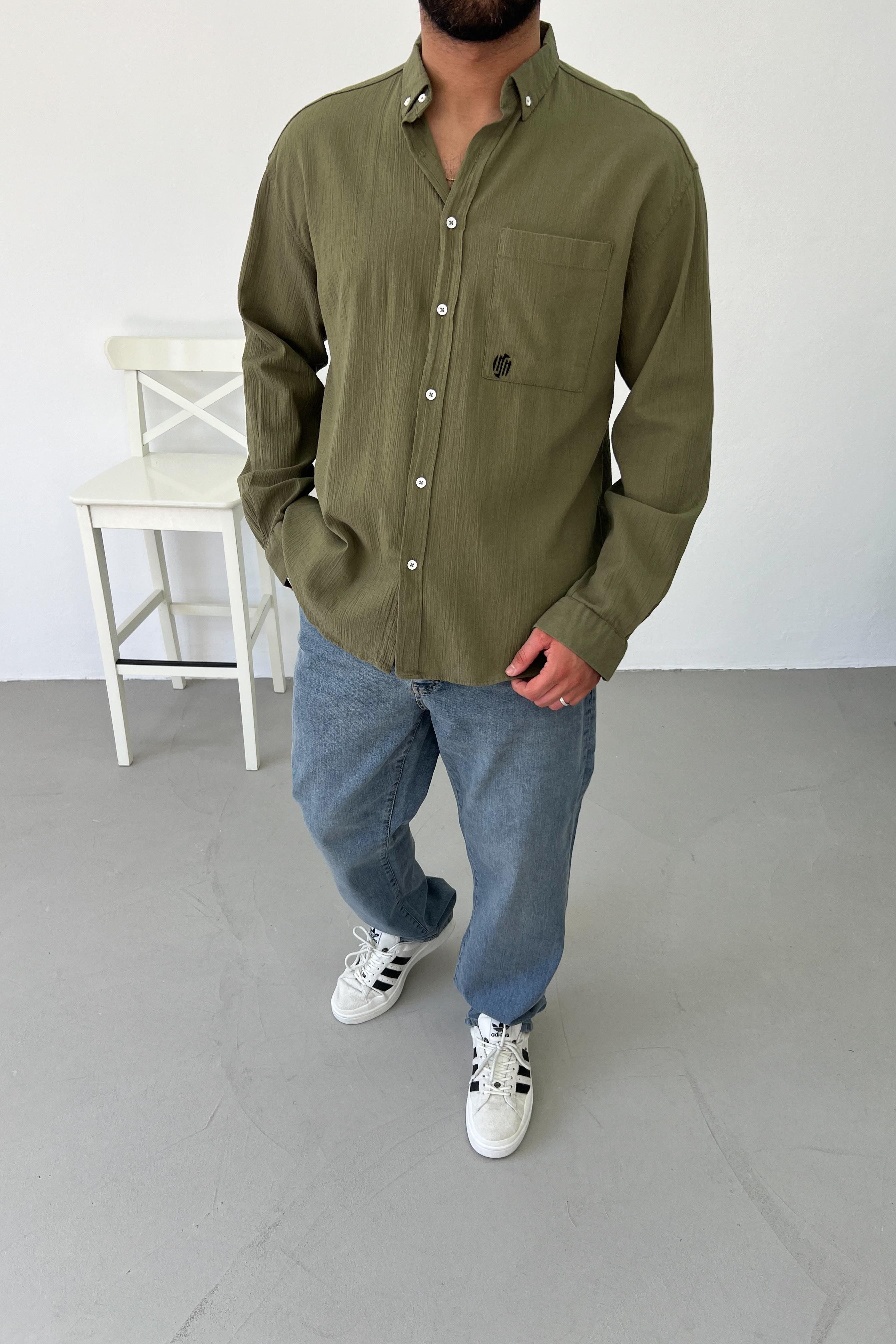Krinkıl Kumaş Haki Oversize Gömlek 4895Y