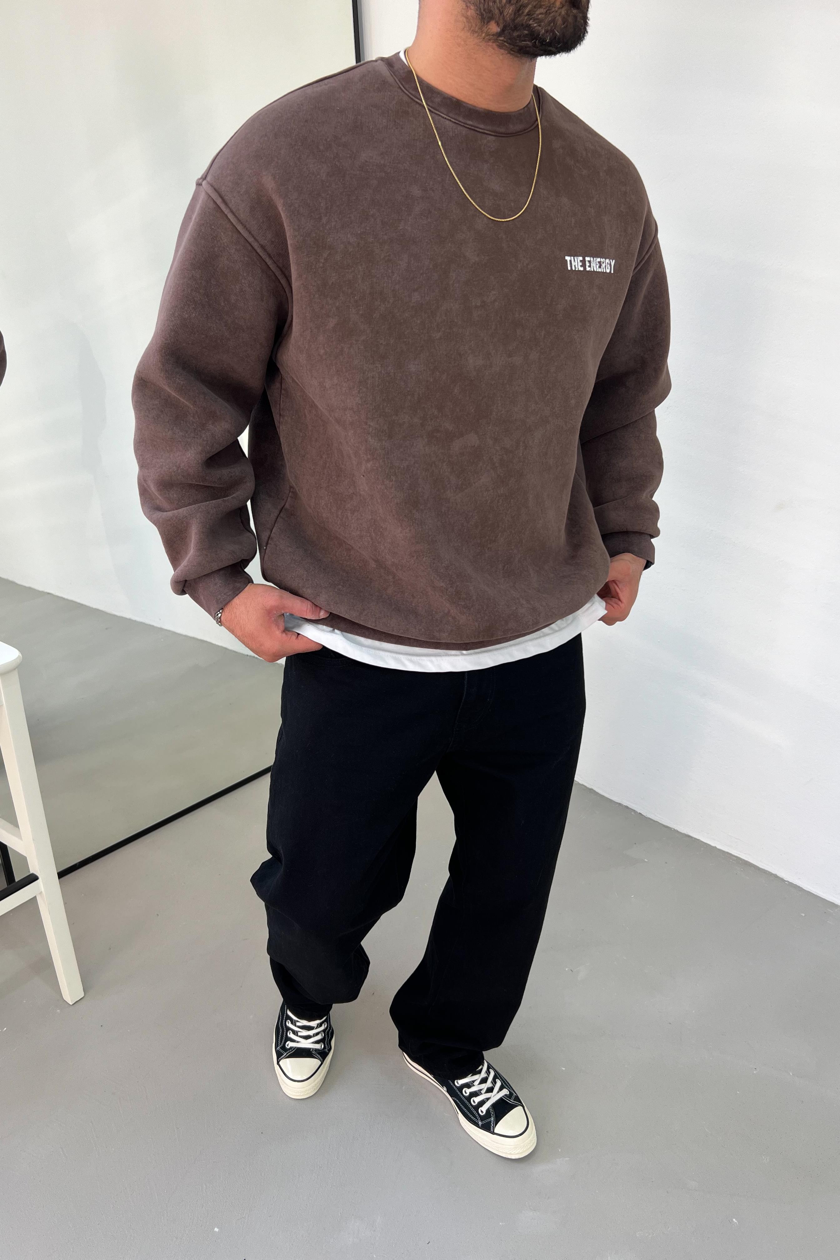 08 Baskılı Yıkamalı Kahve Oversize Sweatshirt 48