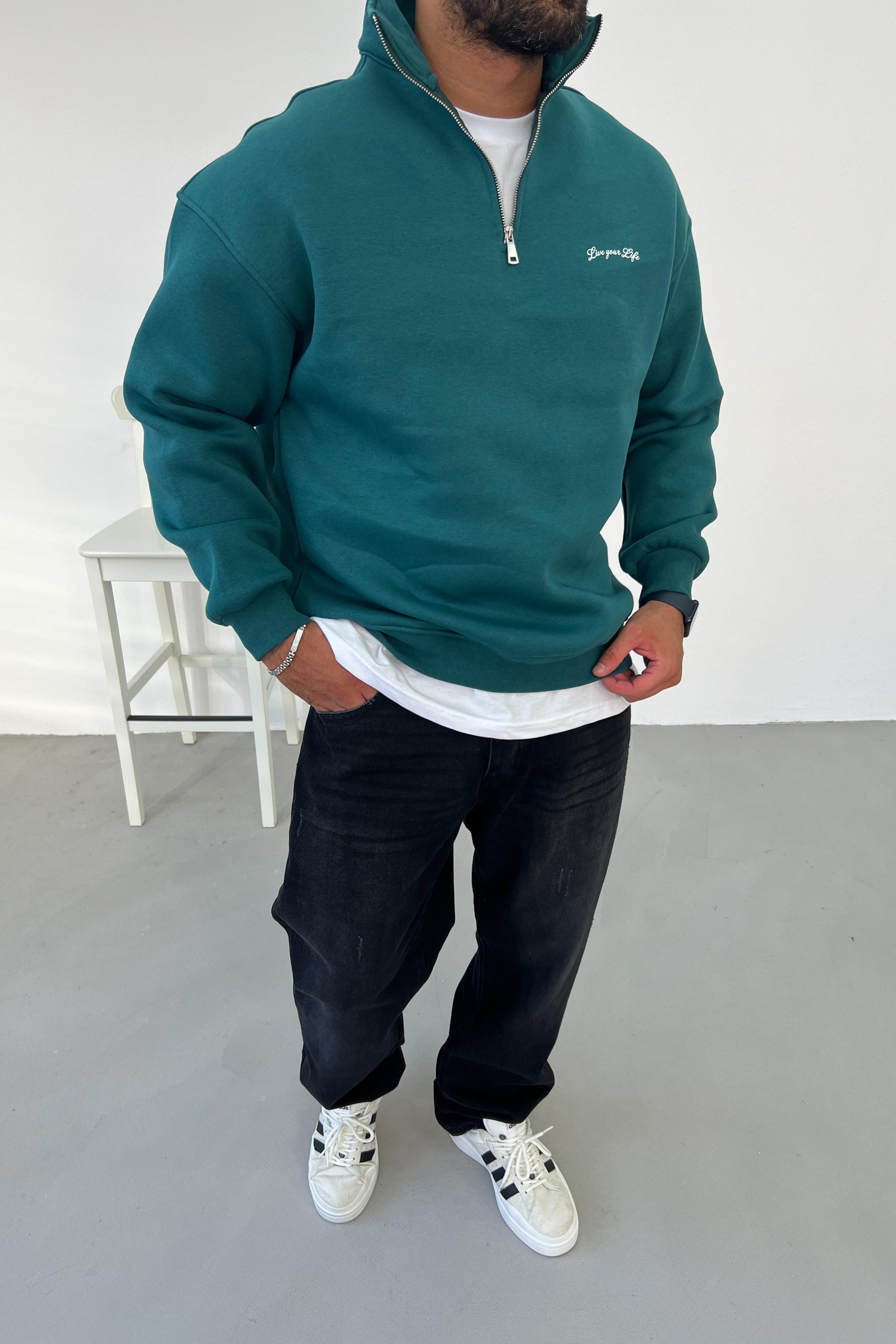 Live Your Life Baskılı Yeşil Oversize Sweatshirt 15