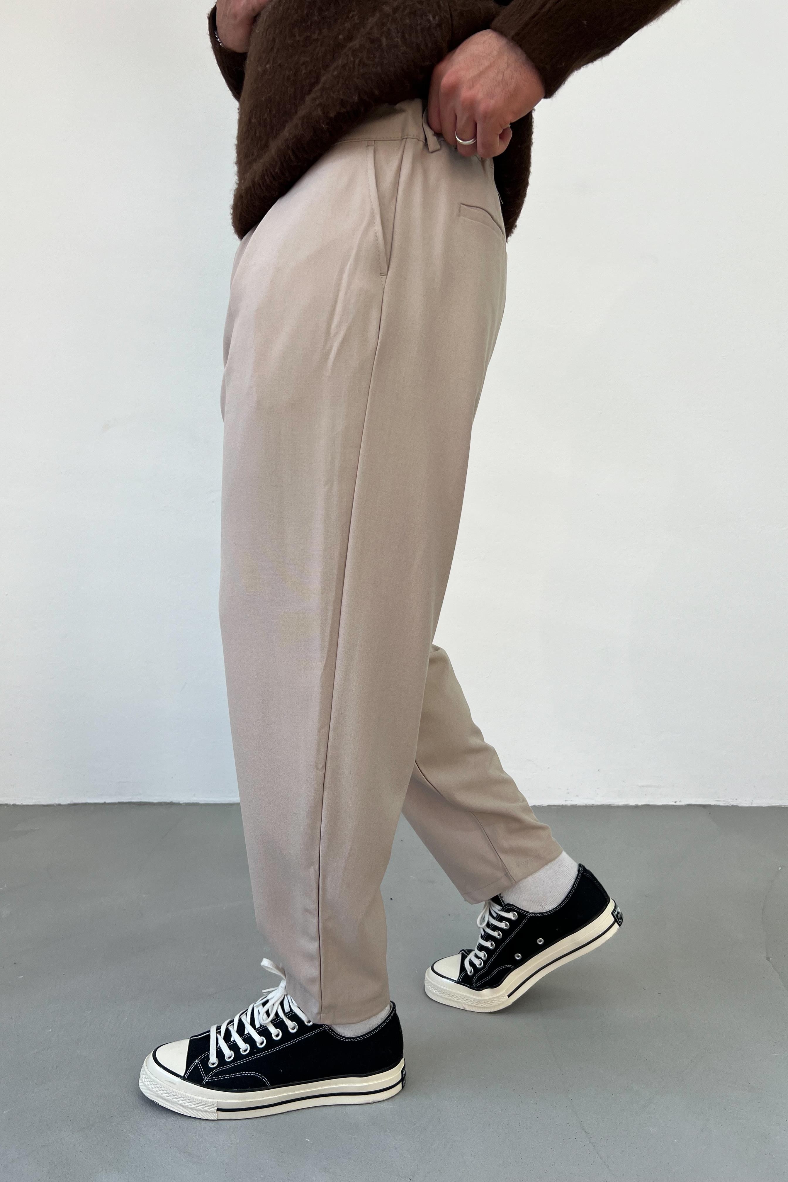 Pileli Bej Boyfriend Kumaş Pantolon 5029