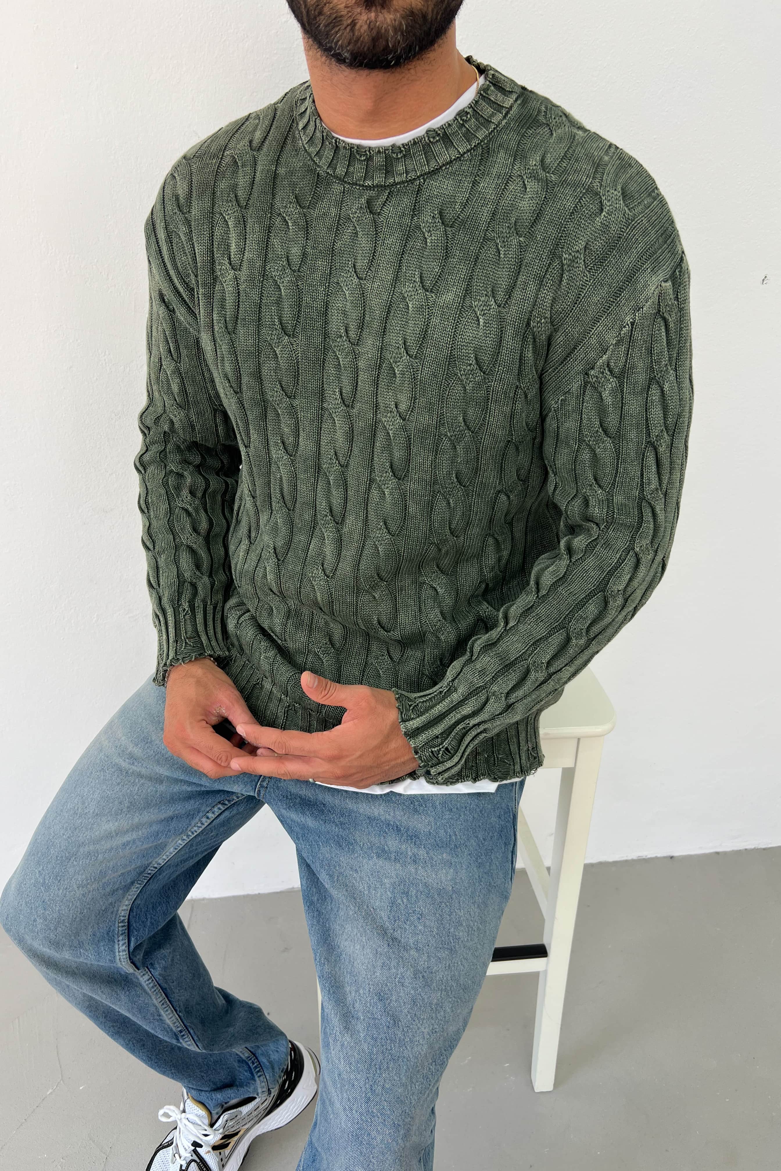 Yıkamalı Örgü Desenli Oversize Triko 2618 - Haki