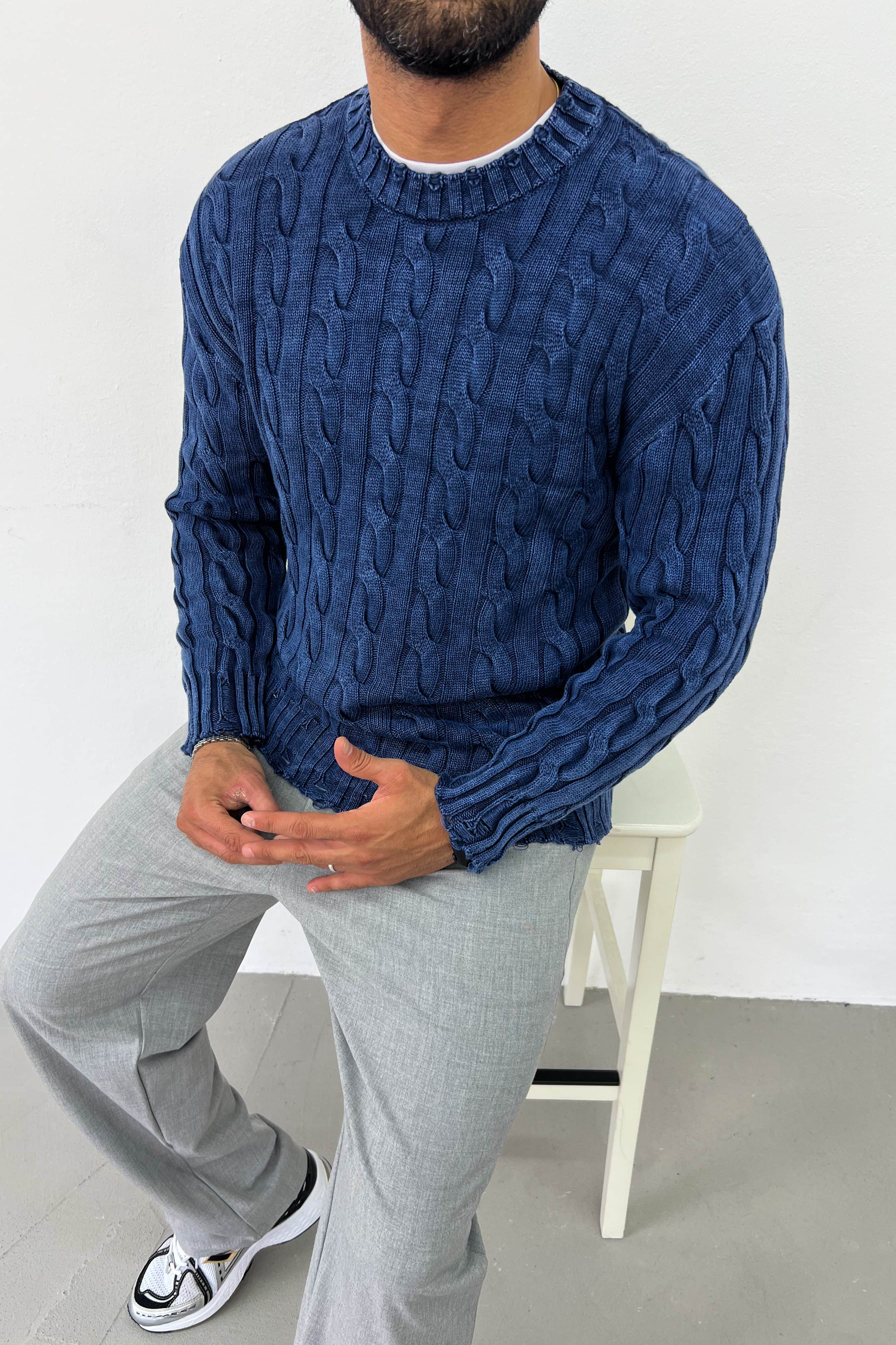 Yıkamalı Örgü Desenli Oversize Triko 2618 - Lacivert