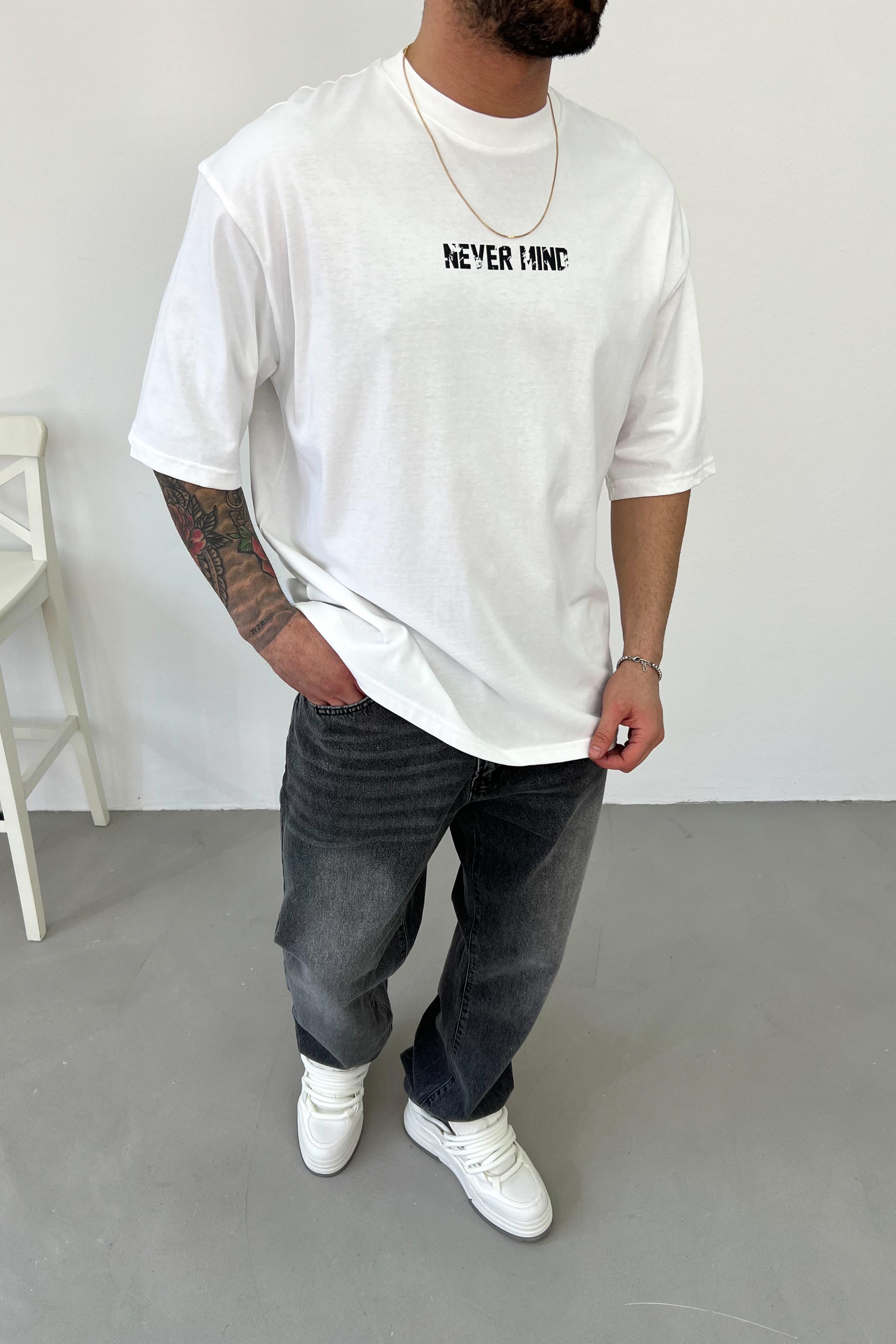 Never Mind Baskılı Oversize Tshirt 2511