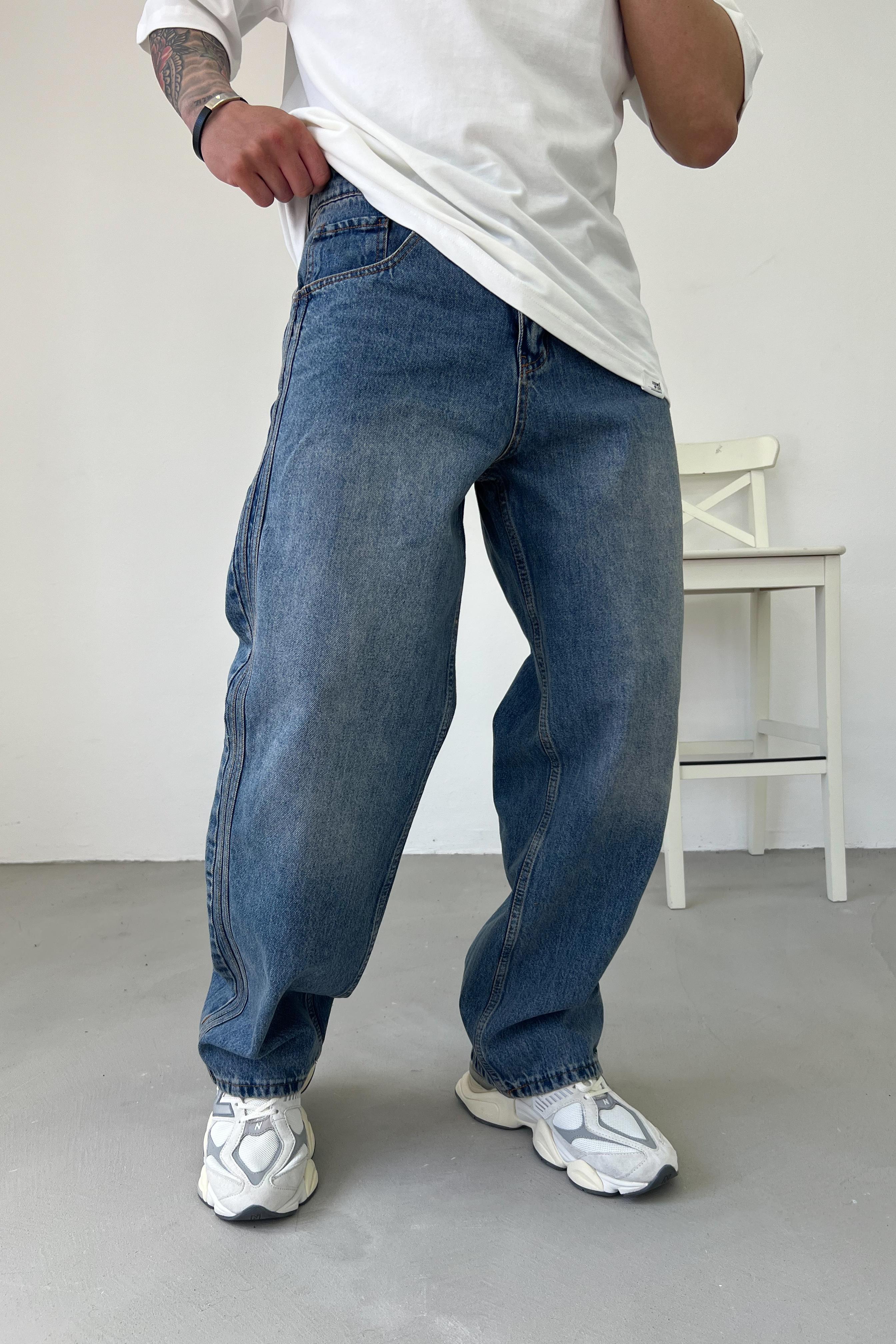 Şerit Detaylı Baggy Pantolon 087 - Taşlamalı Mavi