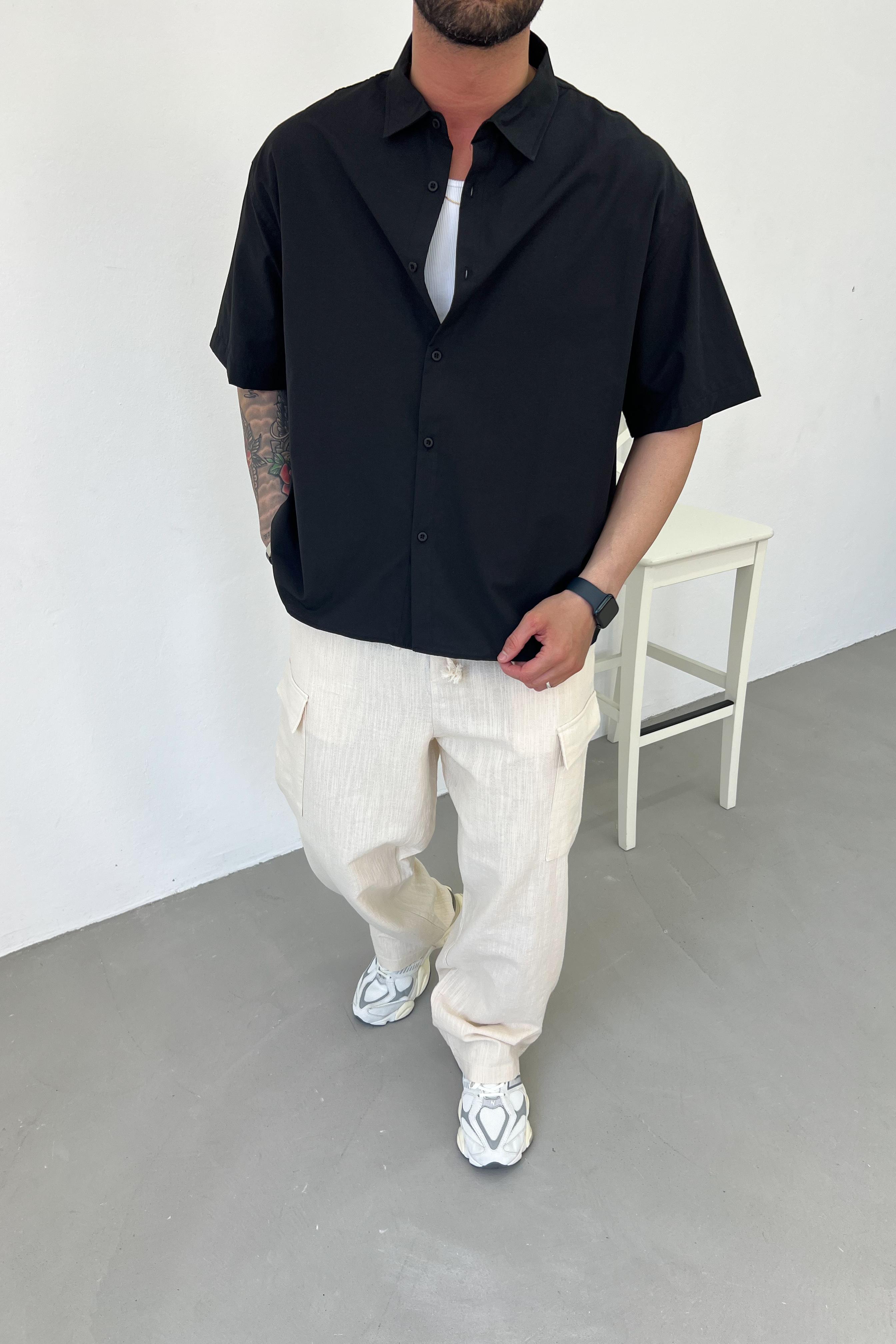 Oversize Basic Kısa Kollu Gömlek 10-13 - Siyah
