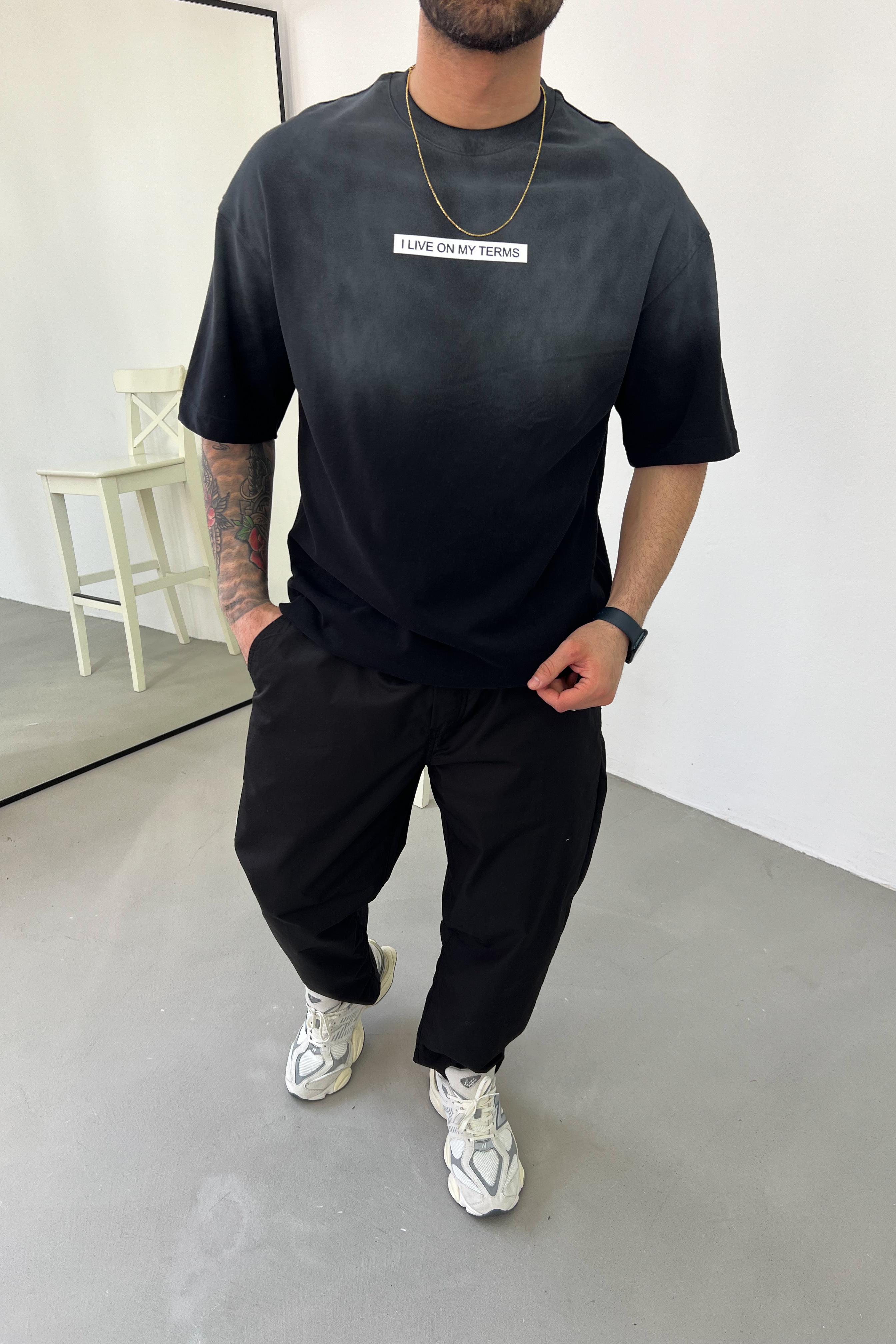 I Live On My Terms Sprey Boyalı Oversize Tshirt 71-66