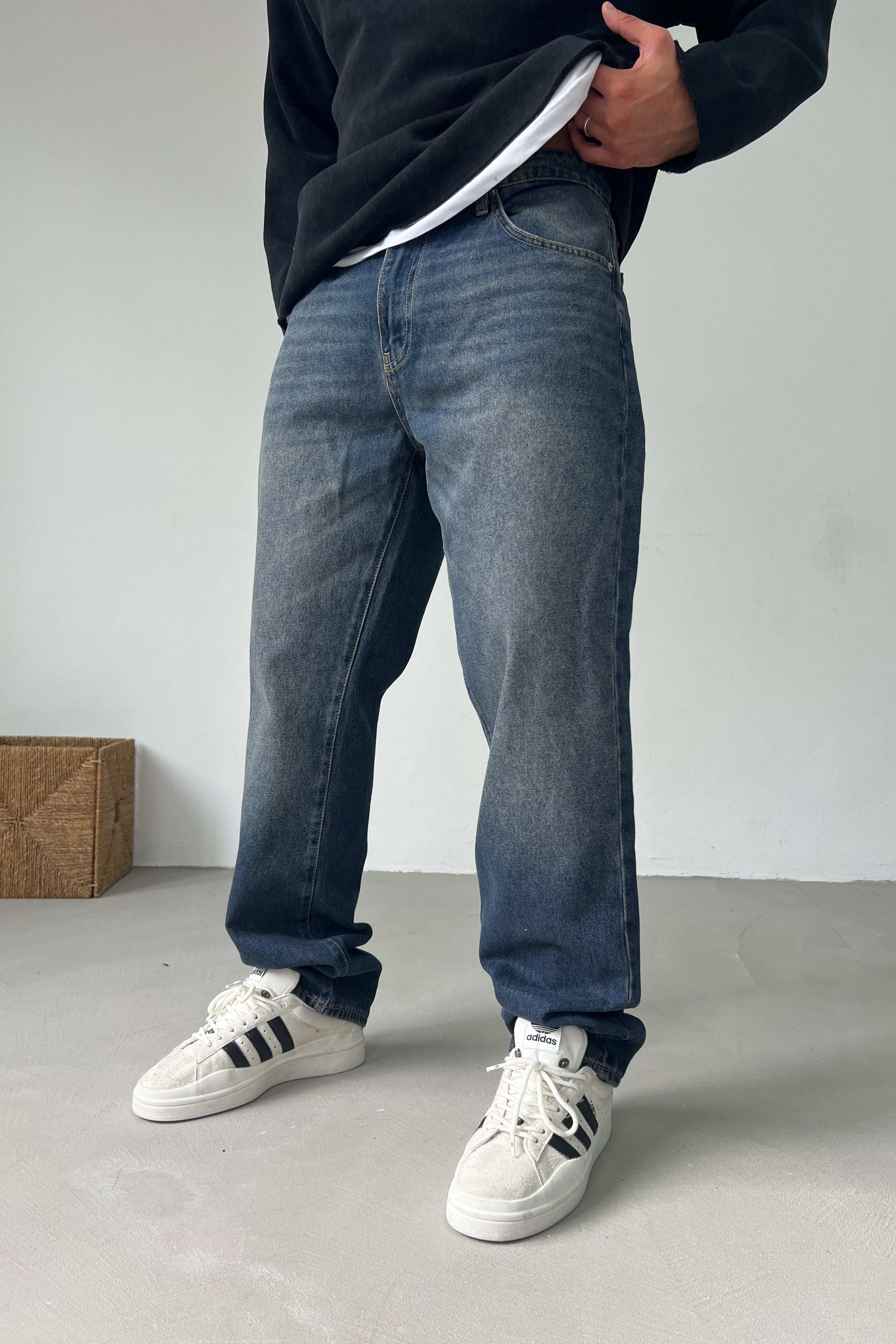 Taşlamalı Koyu Mavi Baggy Pantolon 16902-2