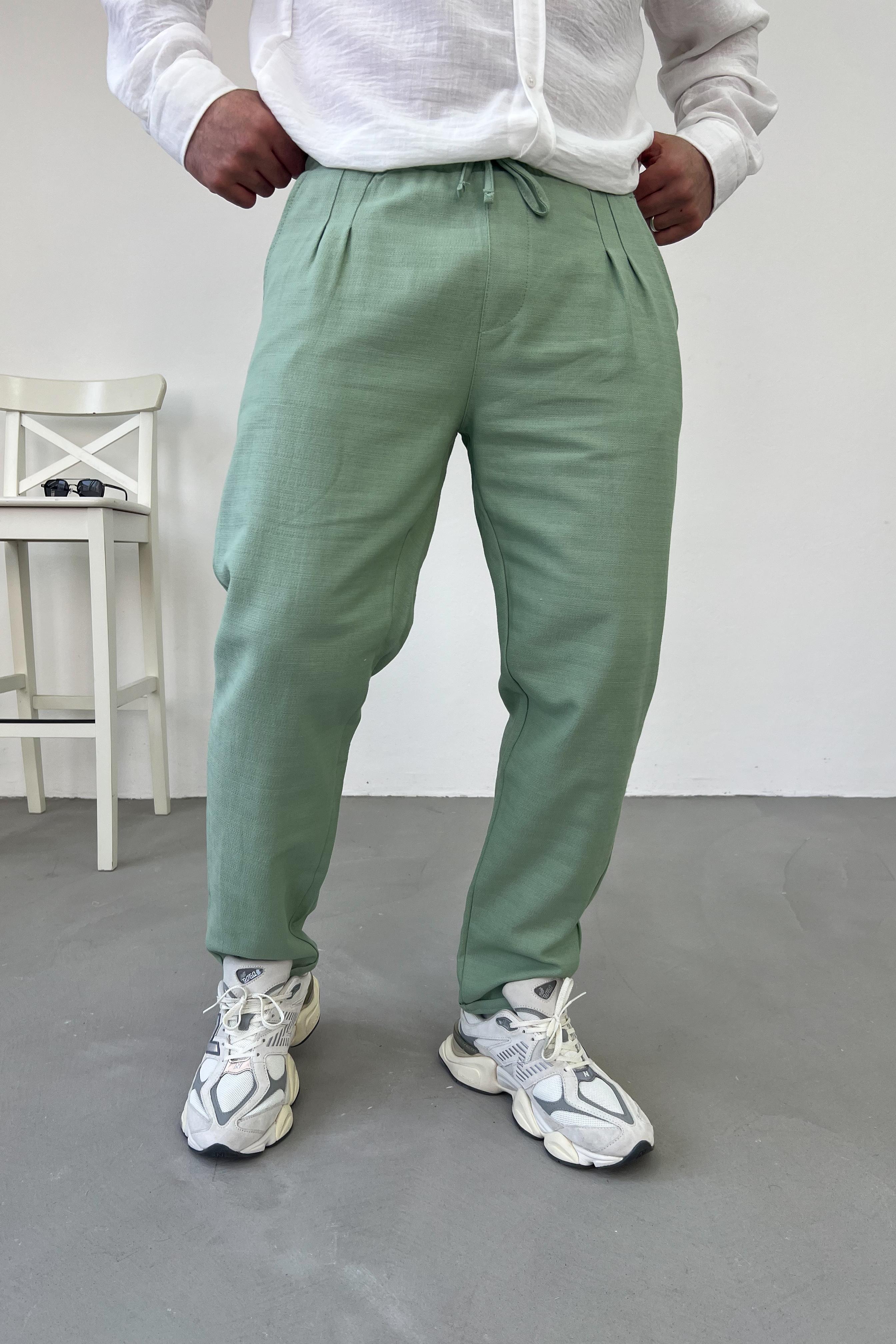Duble Paça Pileli Keten Pantolon 0010 - Yeşil