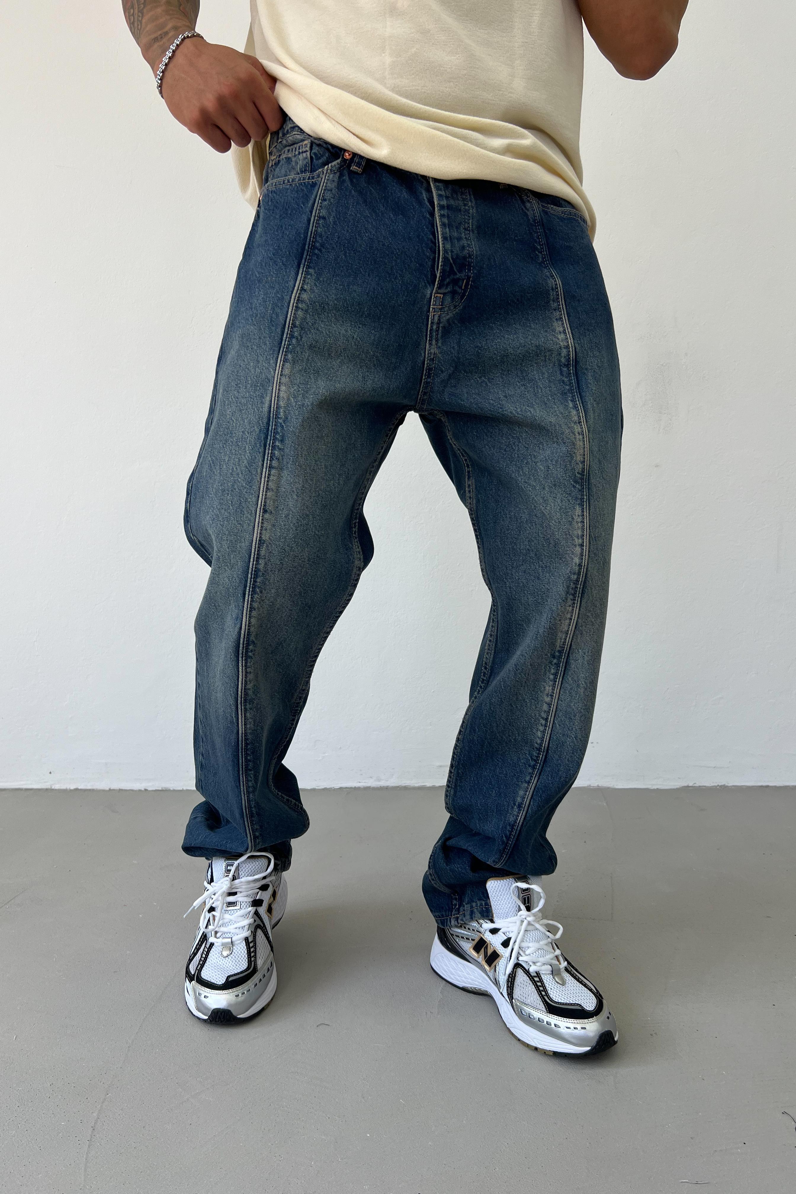 Dikiş Detaylı Baggy Pantolon 2947 - Eskitme Mavi