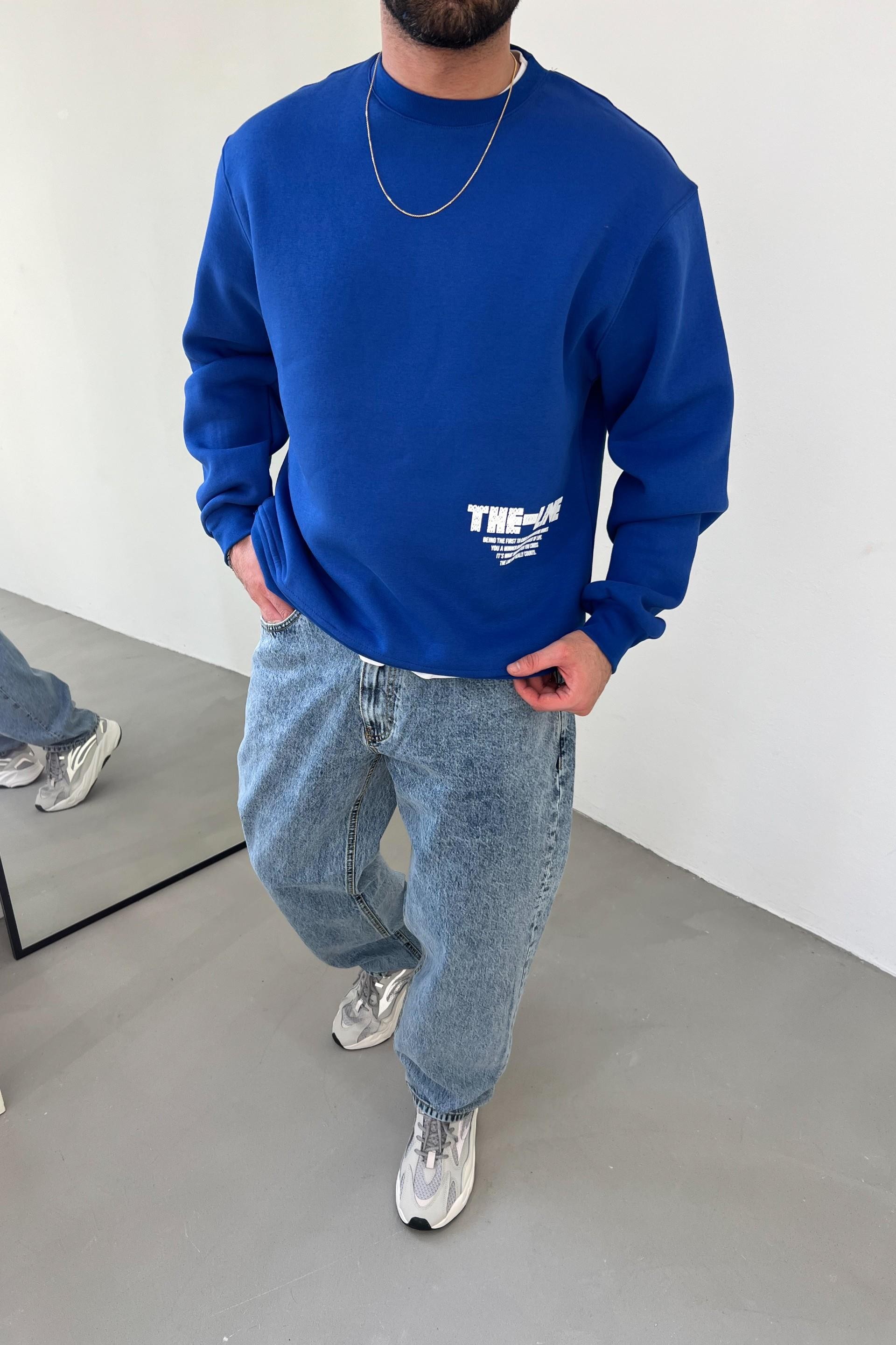 The Line Baskılı Oversize Saks Mavi Sweatshirt 1009
