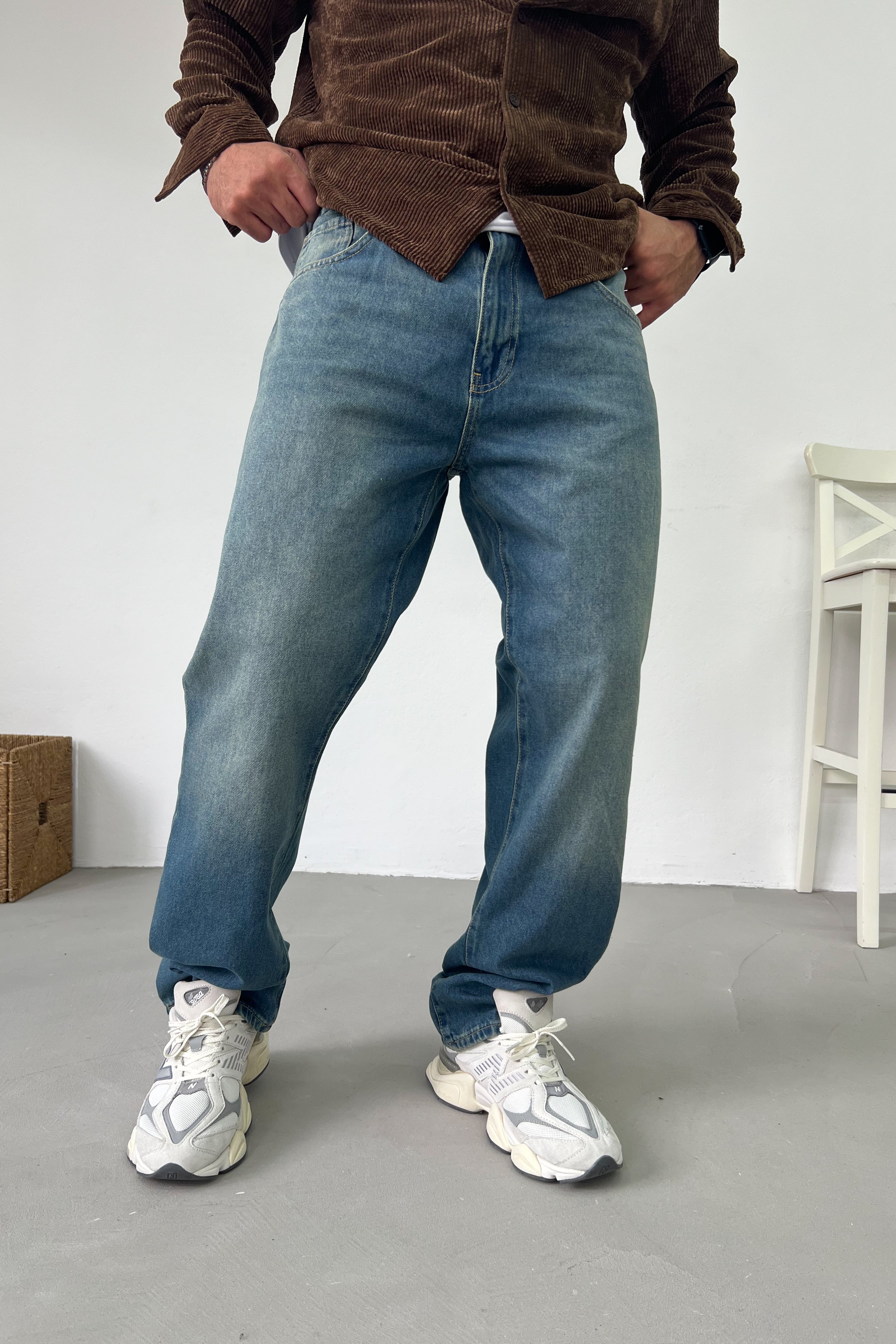 Taşlamalı Mavi Baggy Pantolon 16902-5