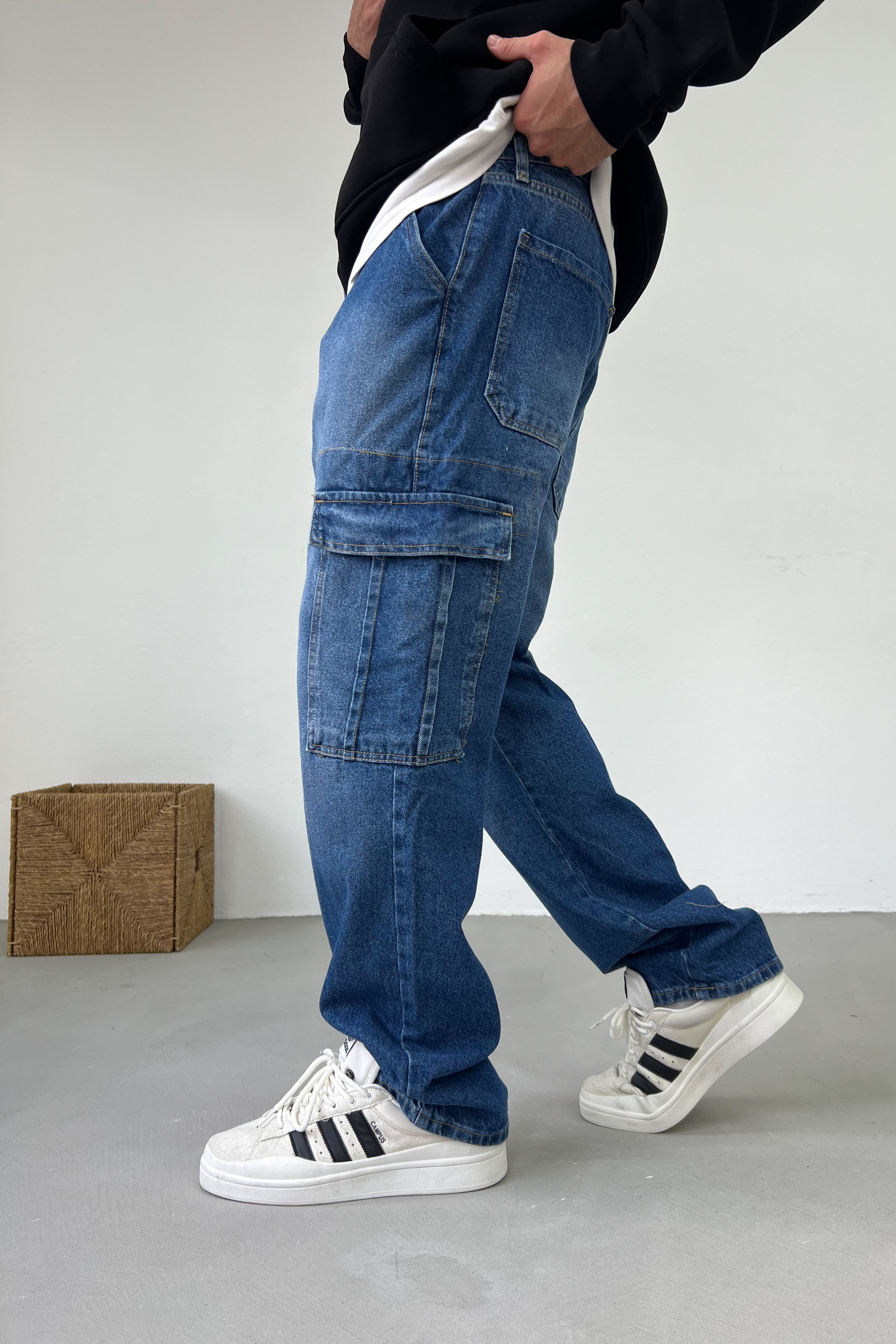 Taşlamalı Mavi Kargo Baggy Pantolon 16796-2