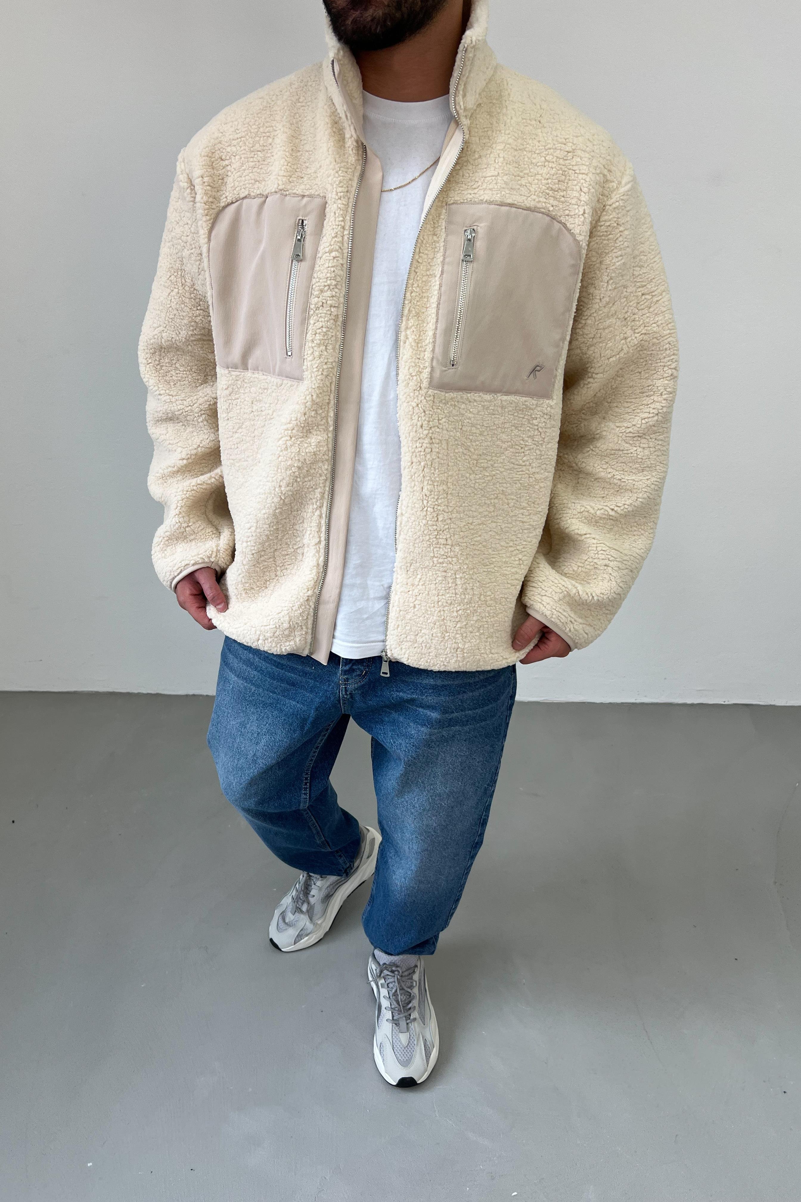 Çift Cepli Bej Oversize Peluş Ceket 5071