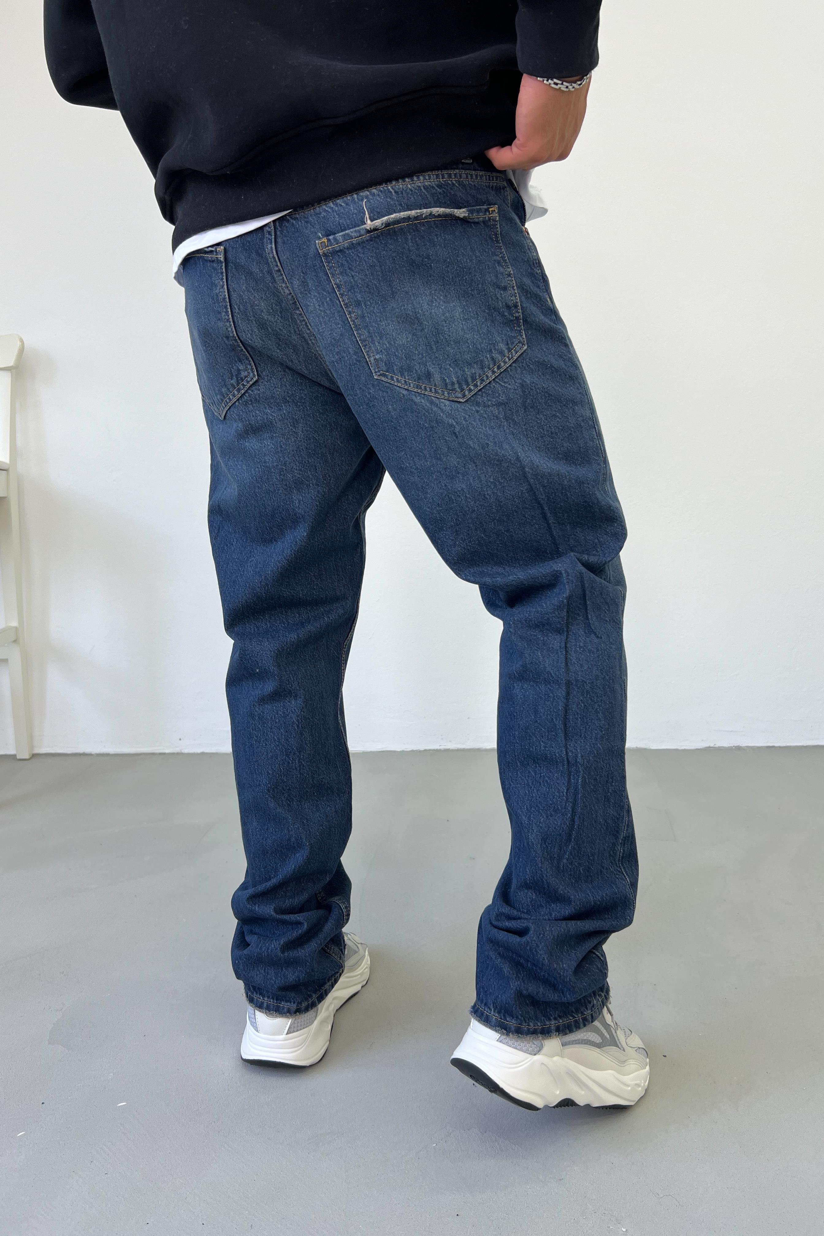 Taşlamalı Koyu Mavi Baggy Pantolon 16567-4