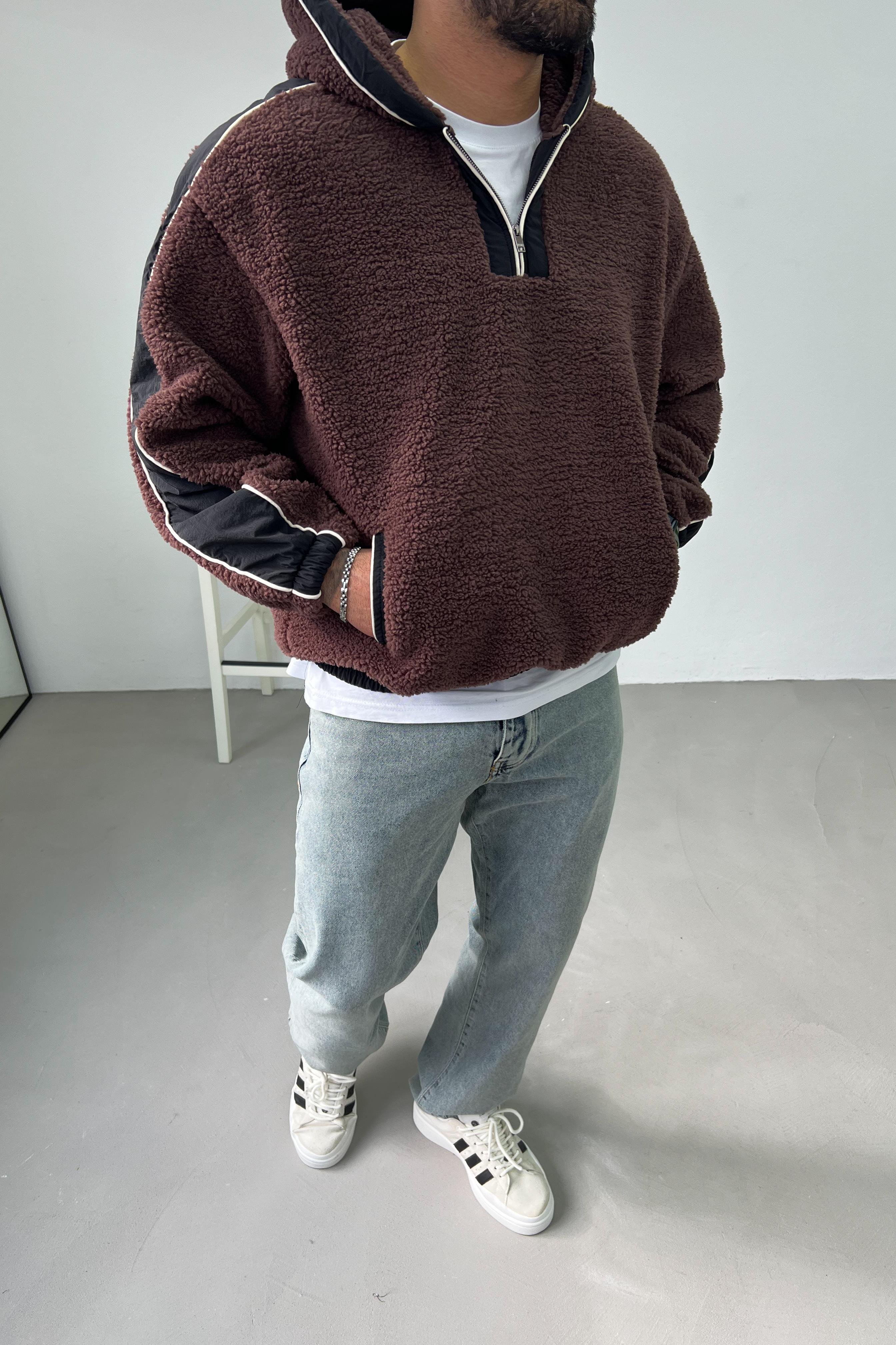 Yakası Fermuarlı Oversize Kahve Peluş Sweatshirt 1631