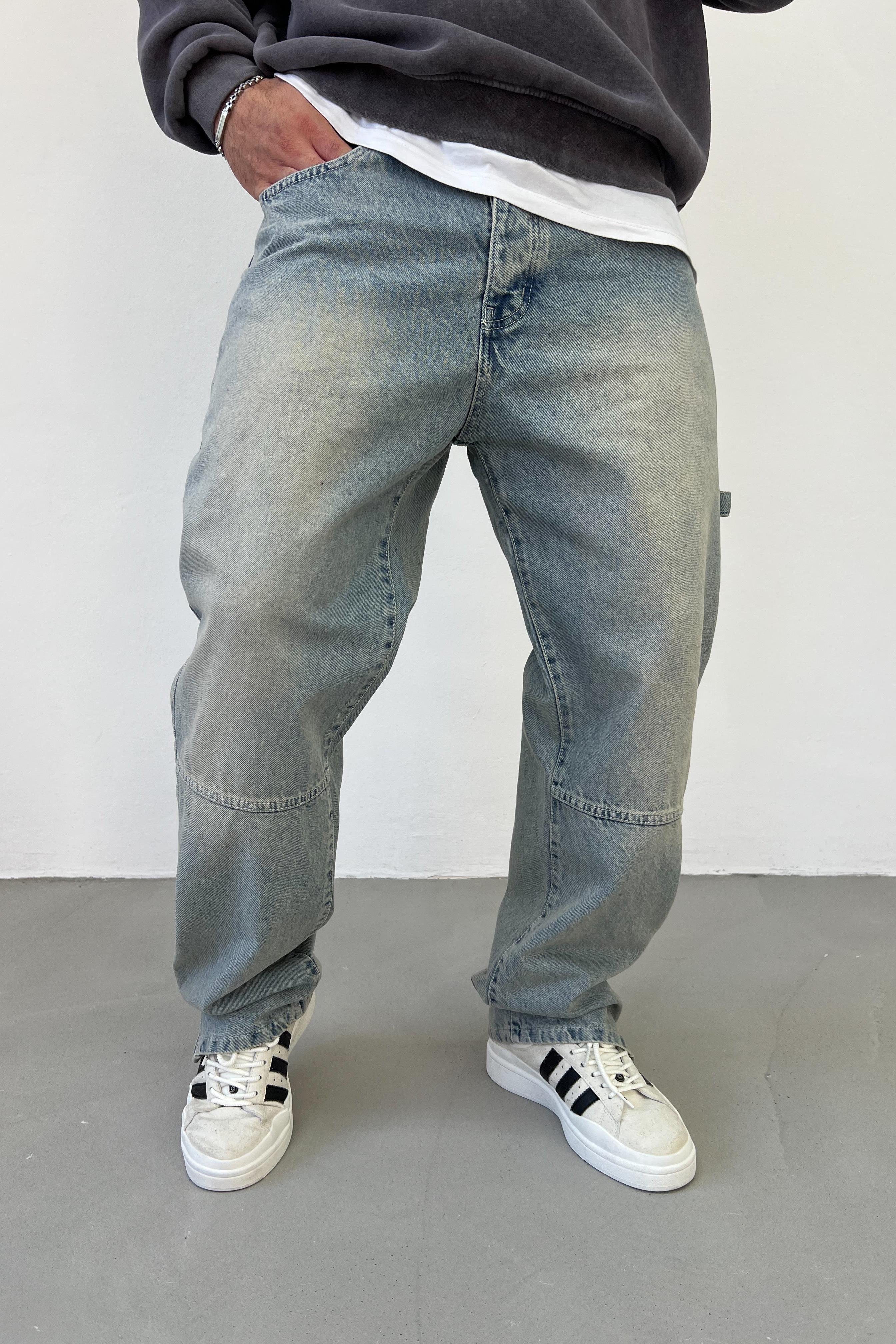 Paçası Fermuarlı Eskitme Mavi Baggy Pantolon 2884-3
