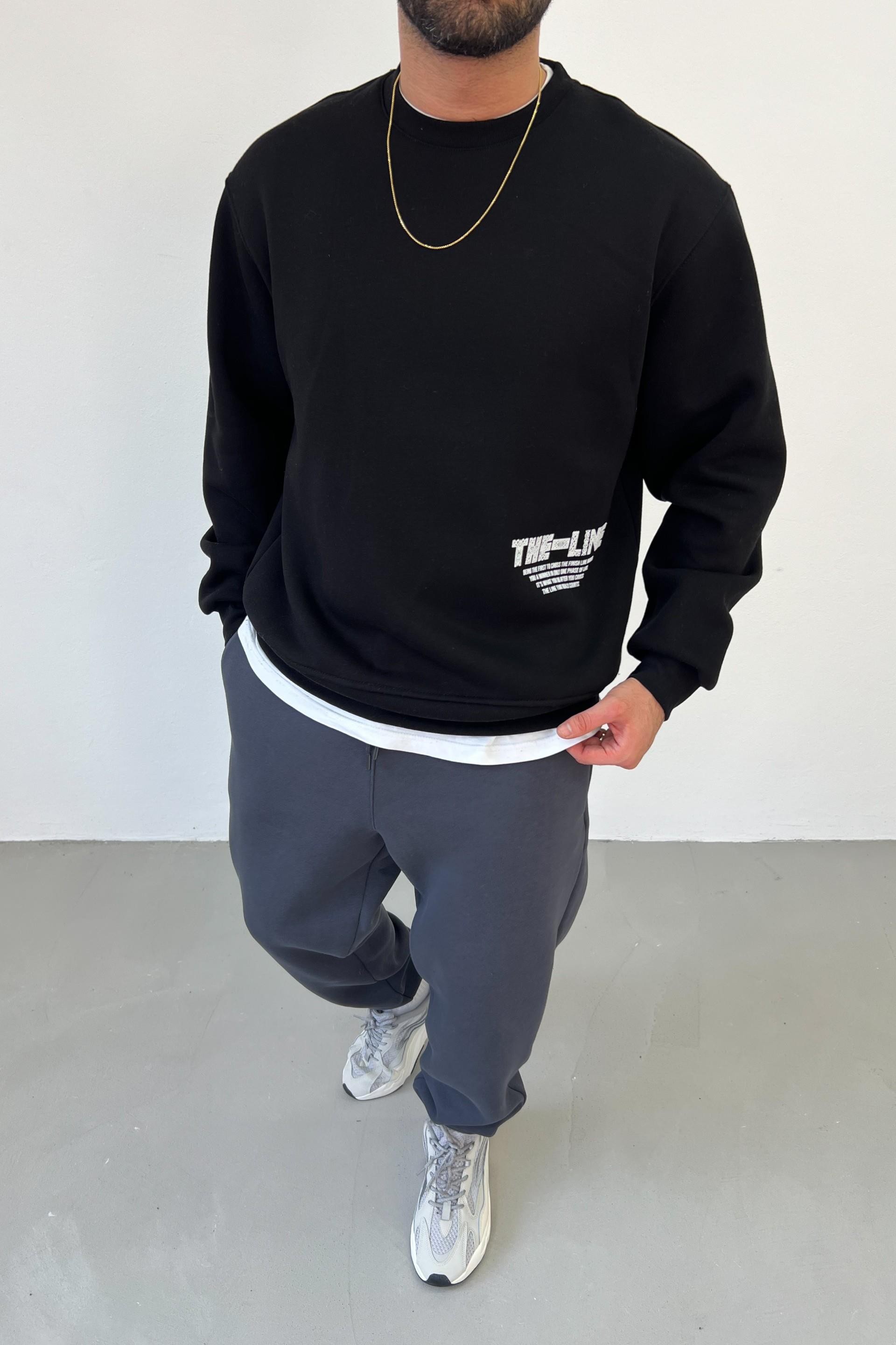 The Line Baskılı Oversize Siyah Sweatshirt 1009