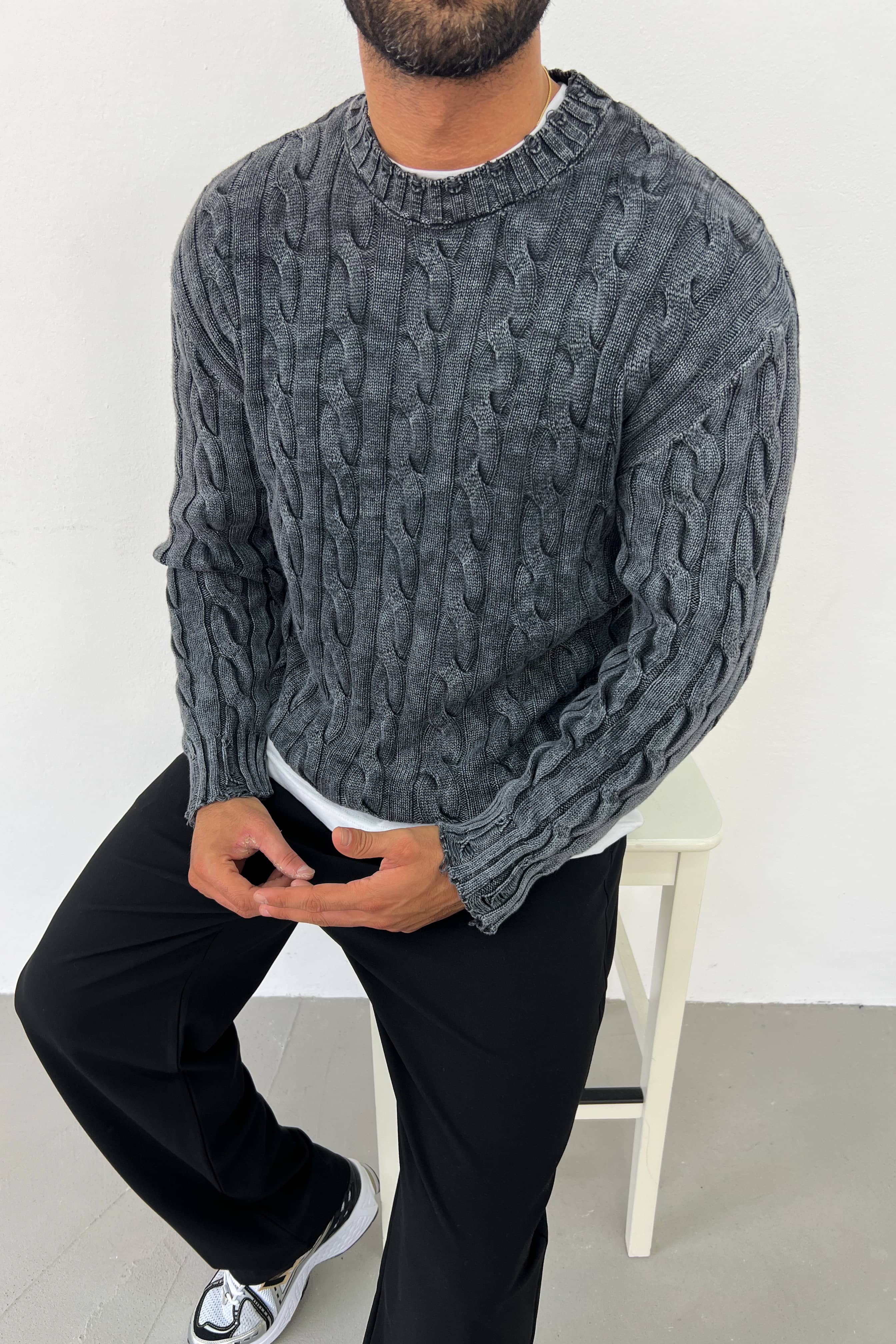Yıkamalı Örgü Desenli Oversize Triko 2618 - Siyah