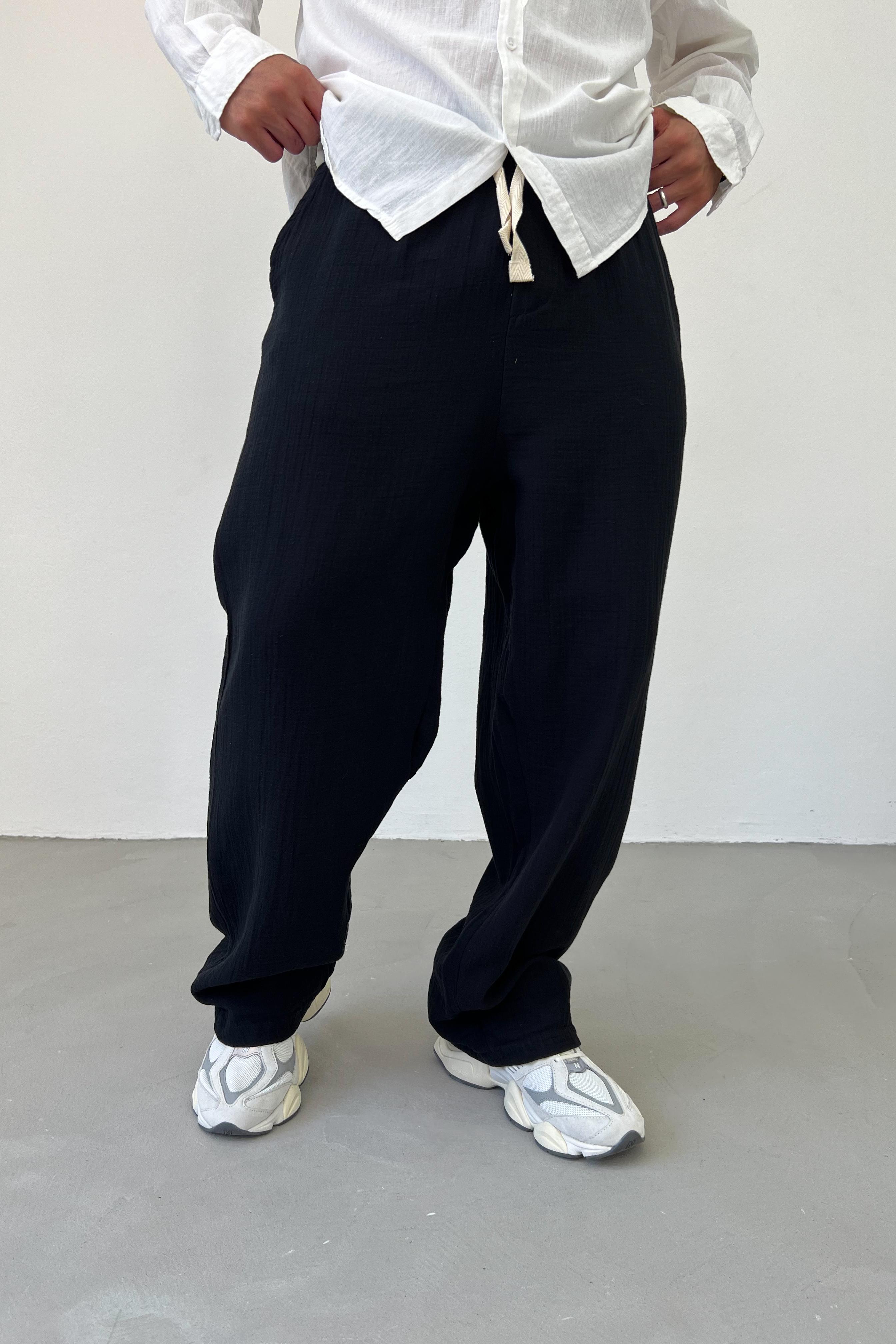 Müslin Kumaş Basic Baggy Pantolon E80-14 - Siyah