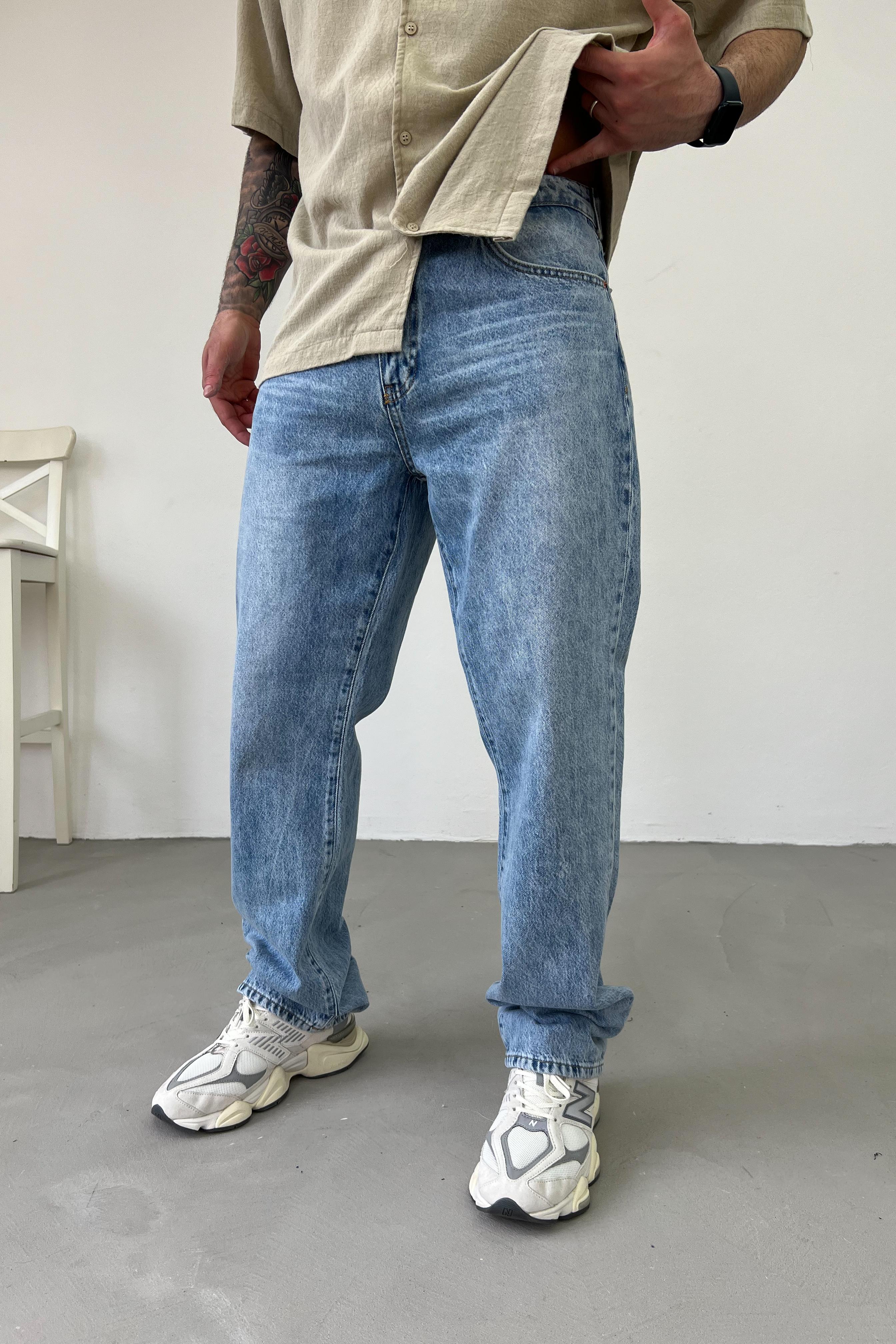 Taşlamalı Mavi Baggy Pantolon 16713-STD