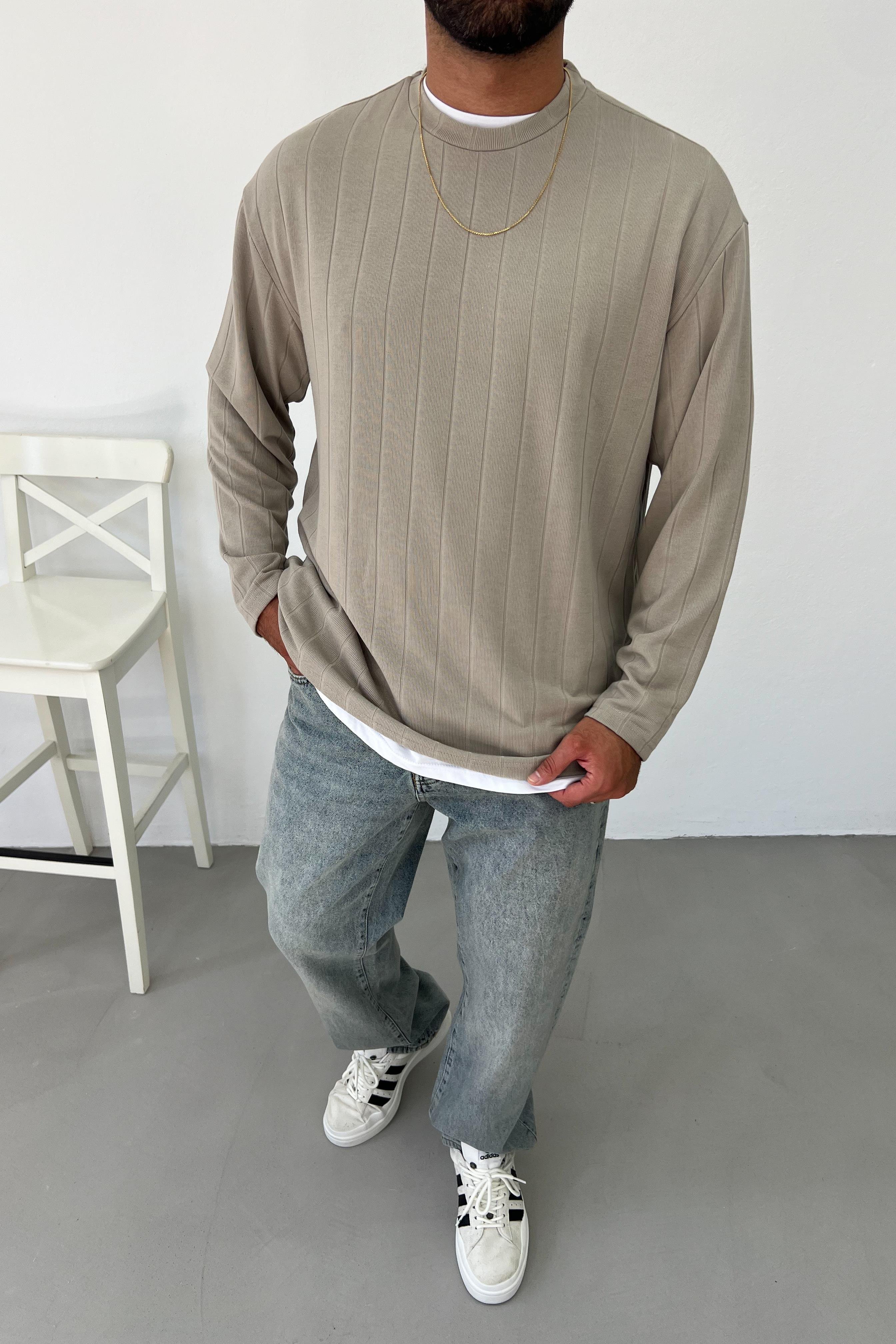 İnce Çizgili Bej Basic Oversize Sweatshirt 1593