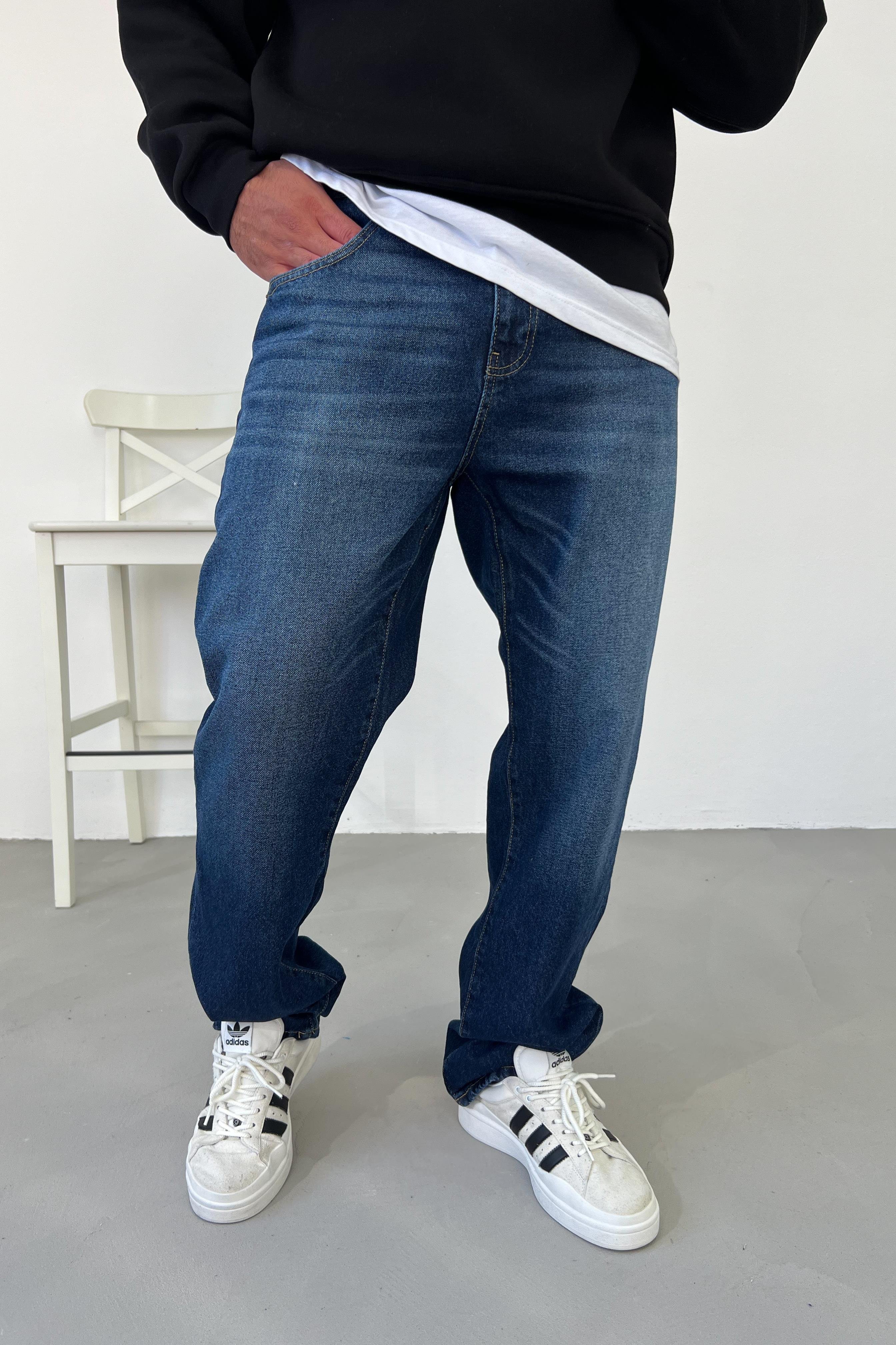 Taşlamalı Koyu Mavi Baggy Pantolon 16429-3