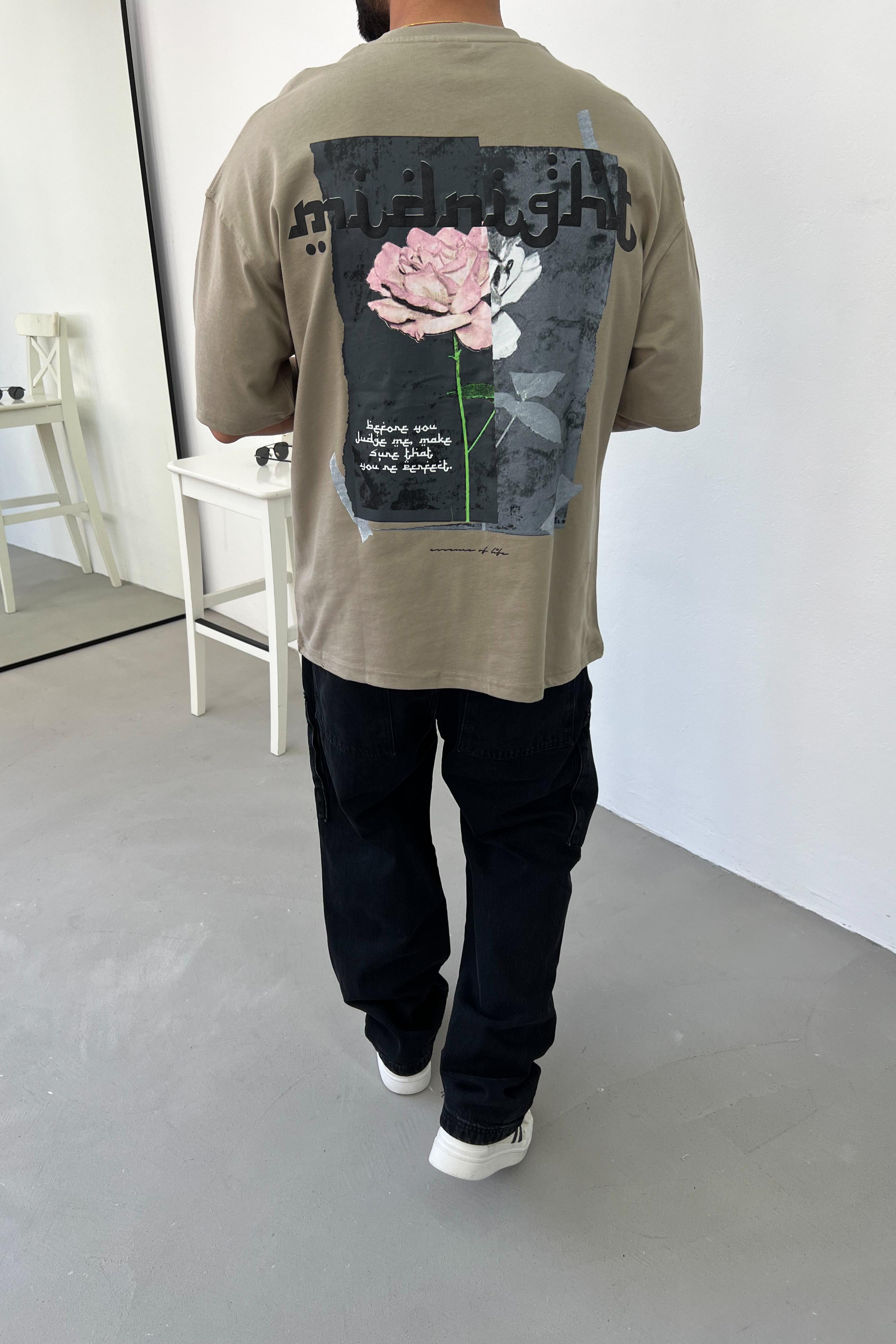 Midnight Baskılı Oversize Tshirt E70-139 - Haki