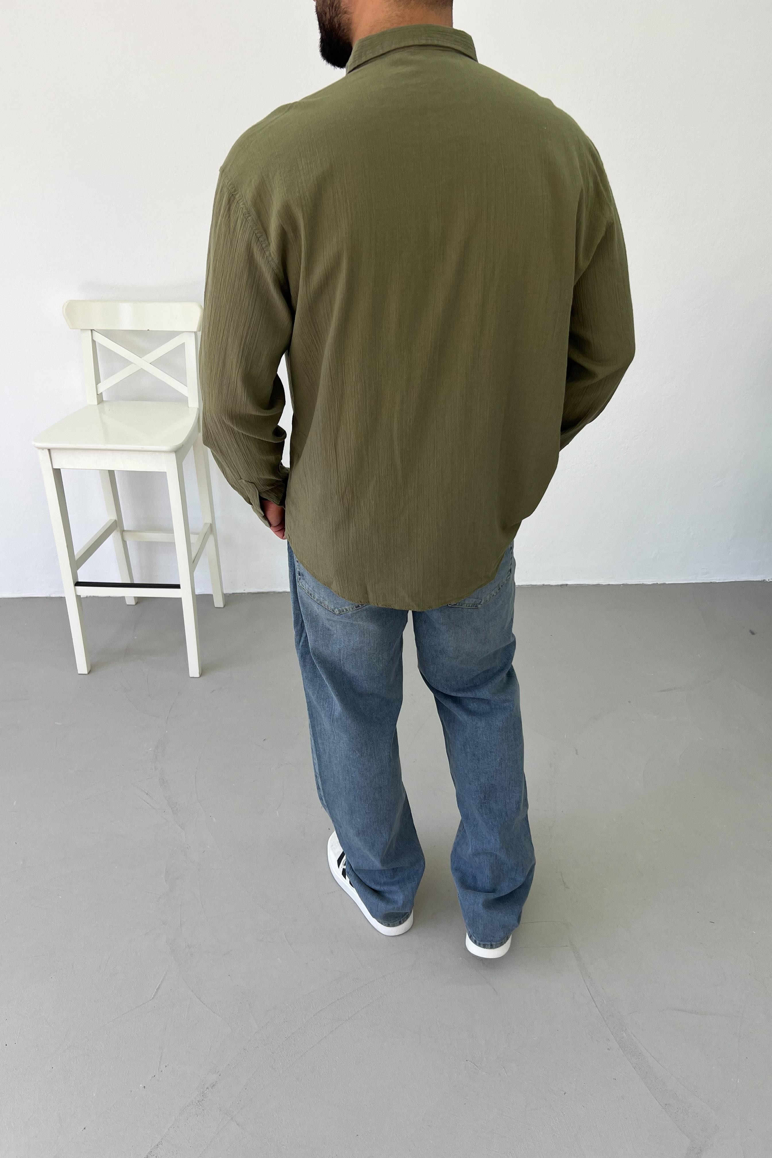 Krinkıl Kumaş Haki Oversize Gömlek 4895Y