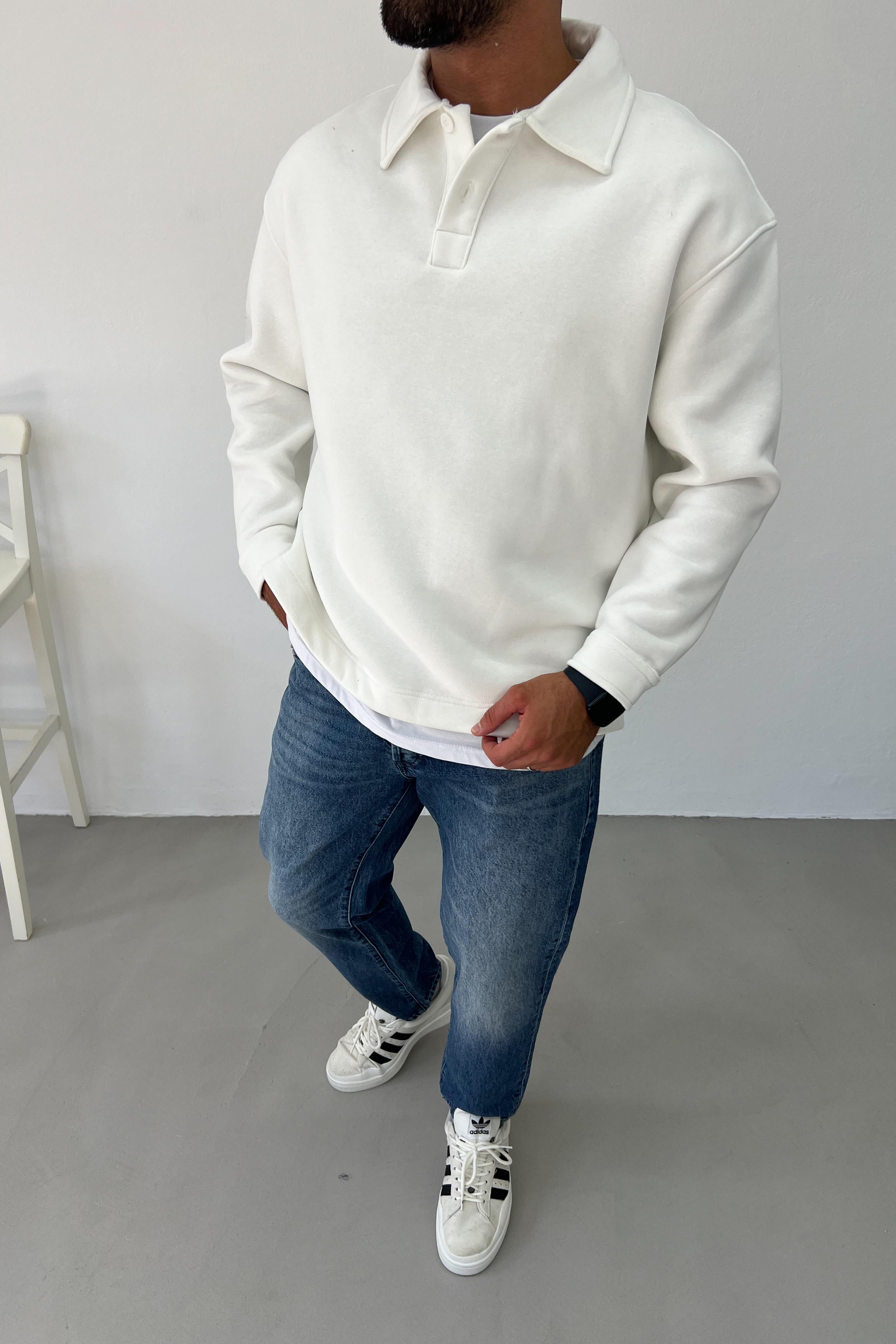 Basic Polo Yaka Beyaz Oversize Sweatshirt 1562