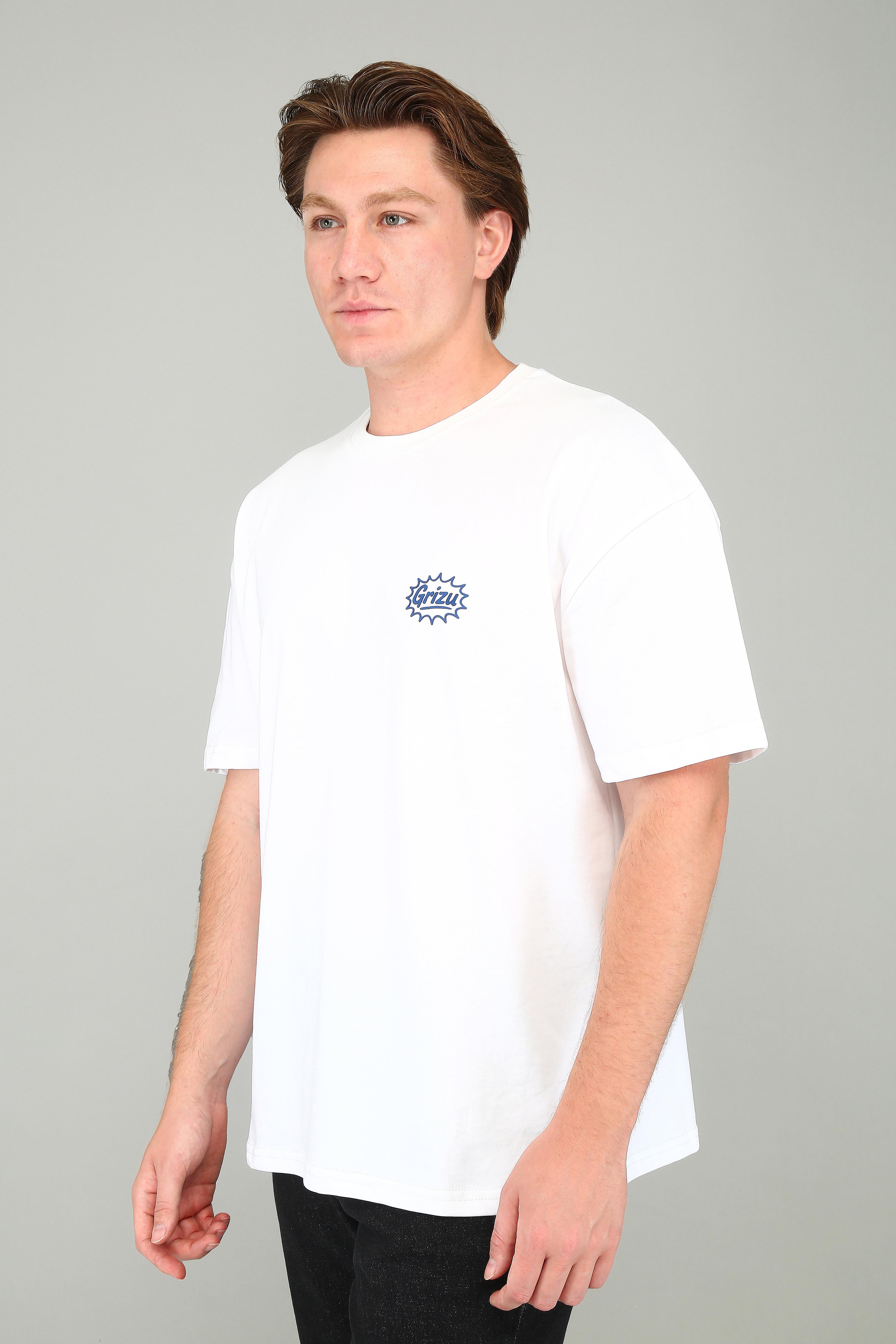"Grizu Burst -   Mavi Minimal Logo Baskılı Beyaz Oversize Tişört"