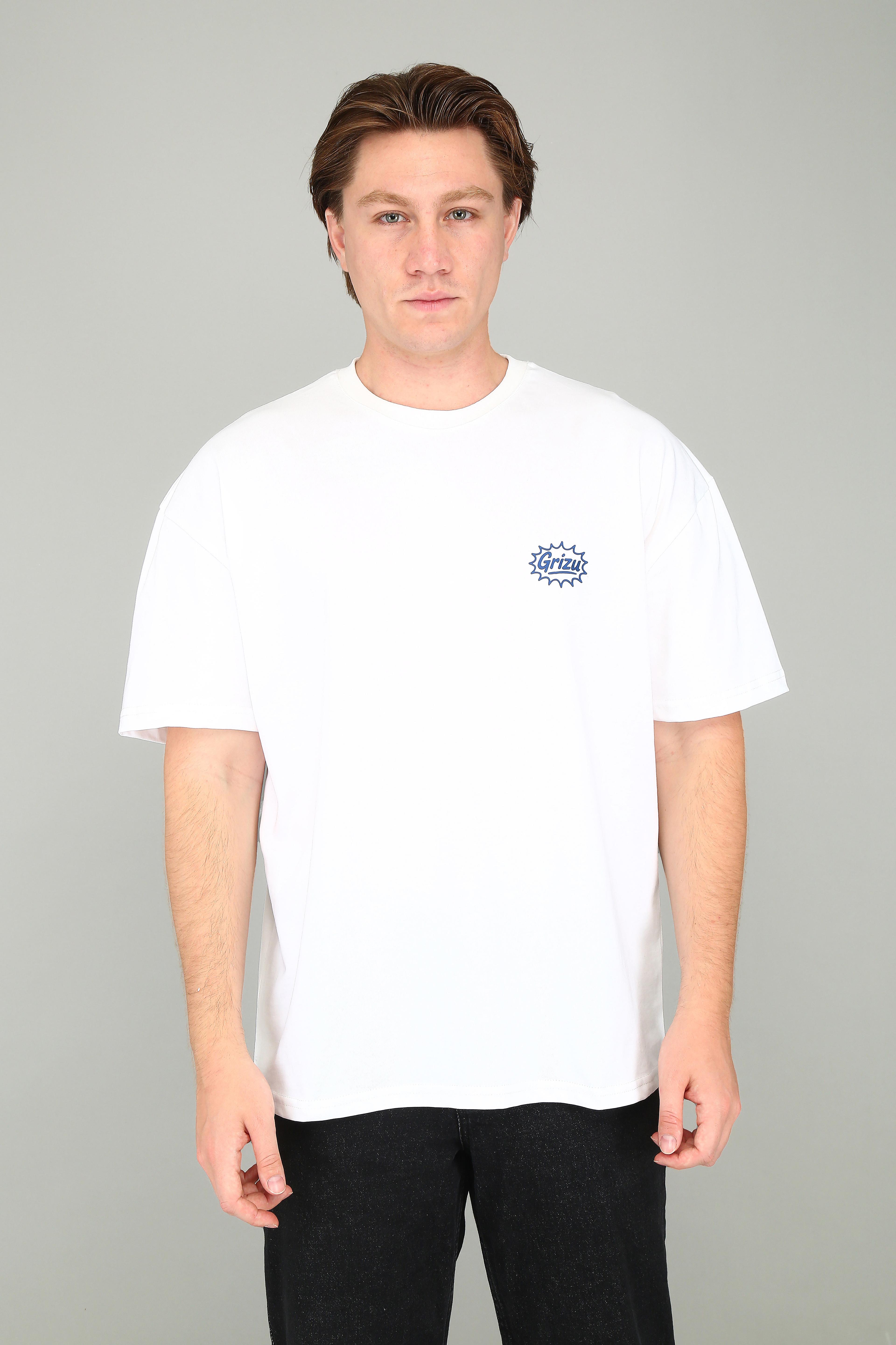 "Grizu Burst -   Mavi Minimal Logo Baskılı Beyaz Oversize Tişört" image