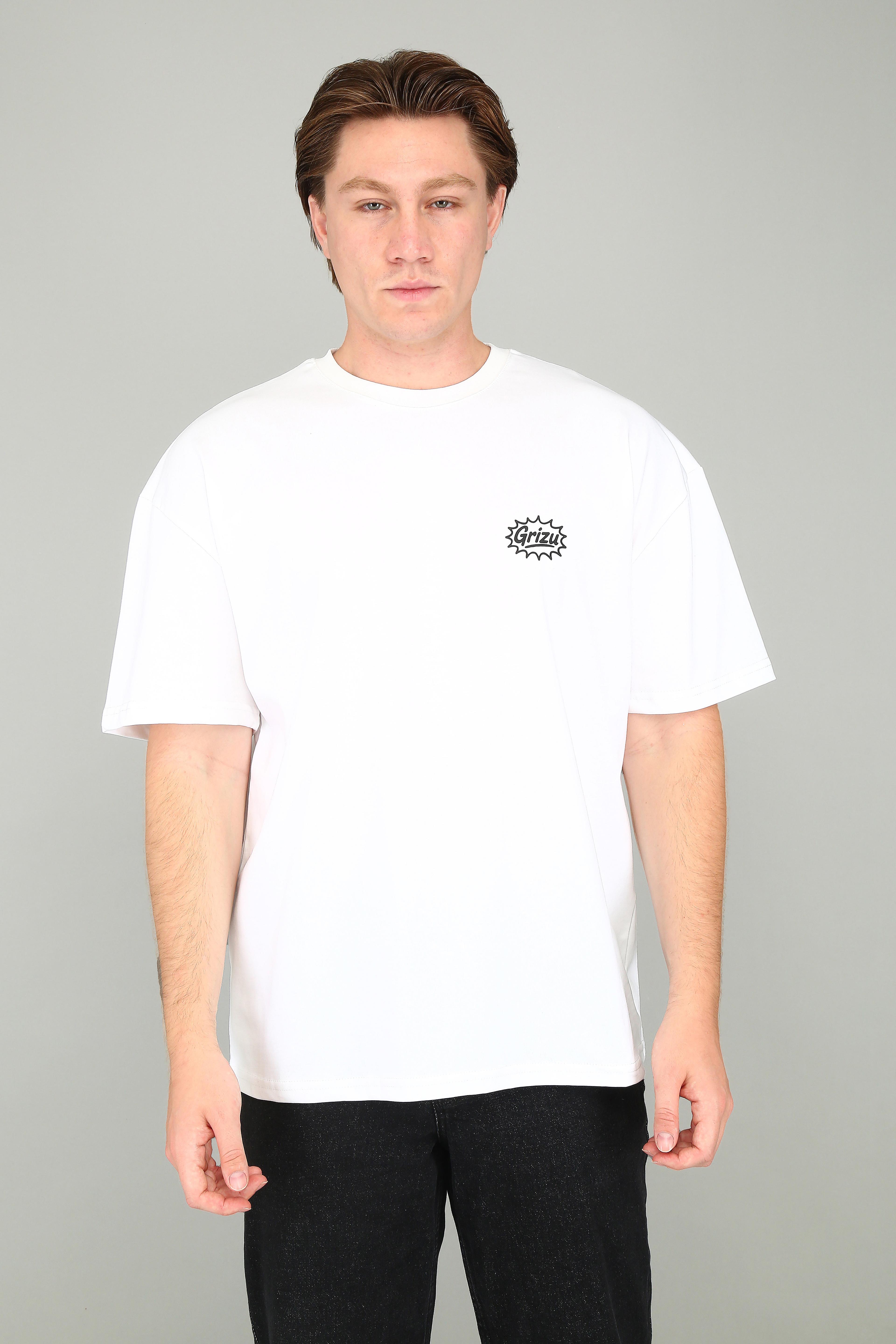 "Grizu Burst -  Siyah Minimal Logo Baskılı Beyaz Oversize Tişört" image