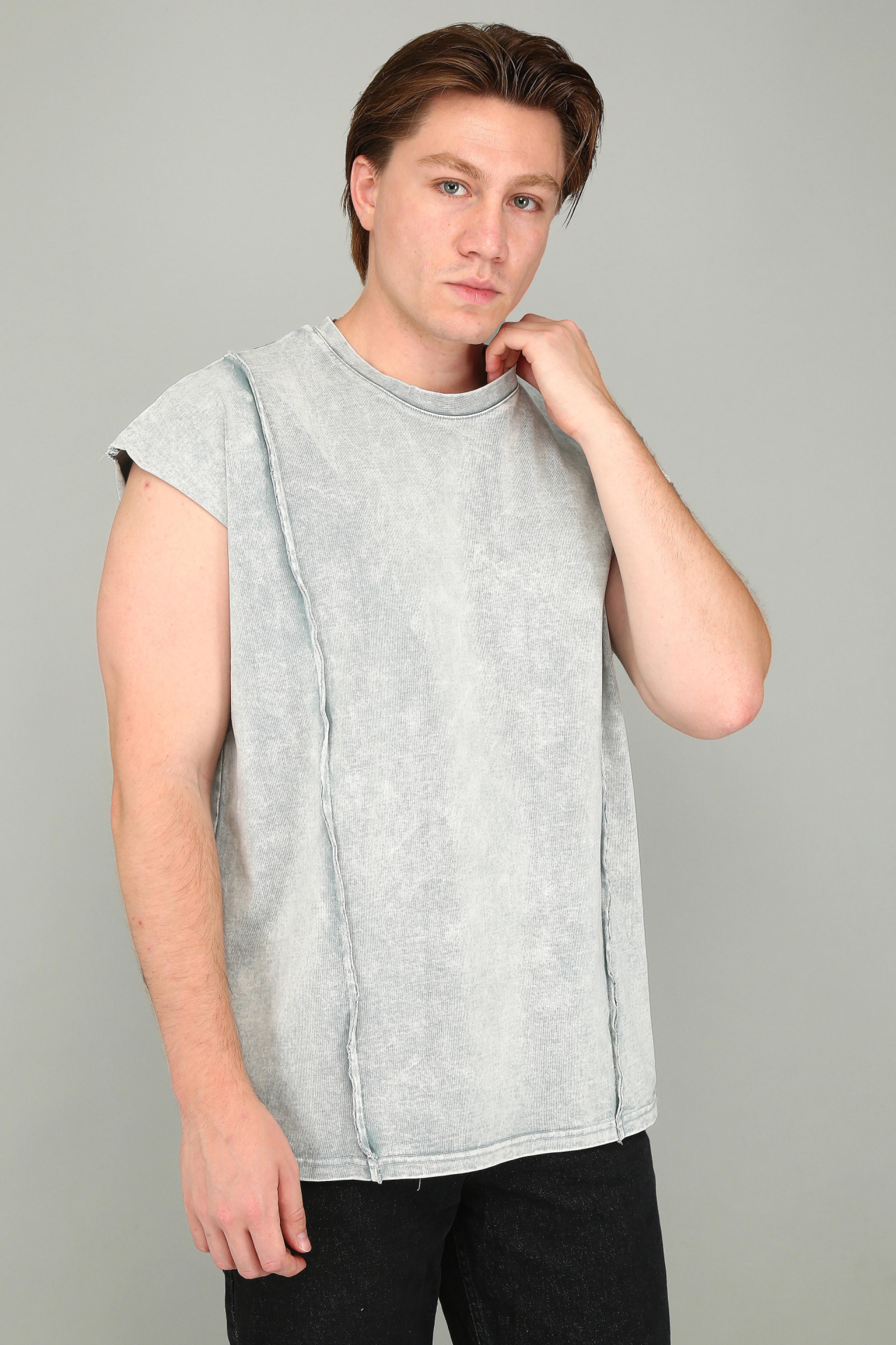 Gri Yıkanmış Oversize Kolsuz Tişört