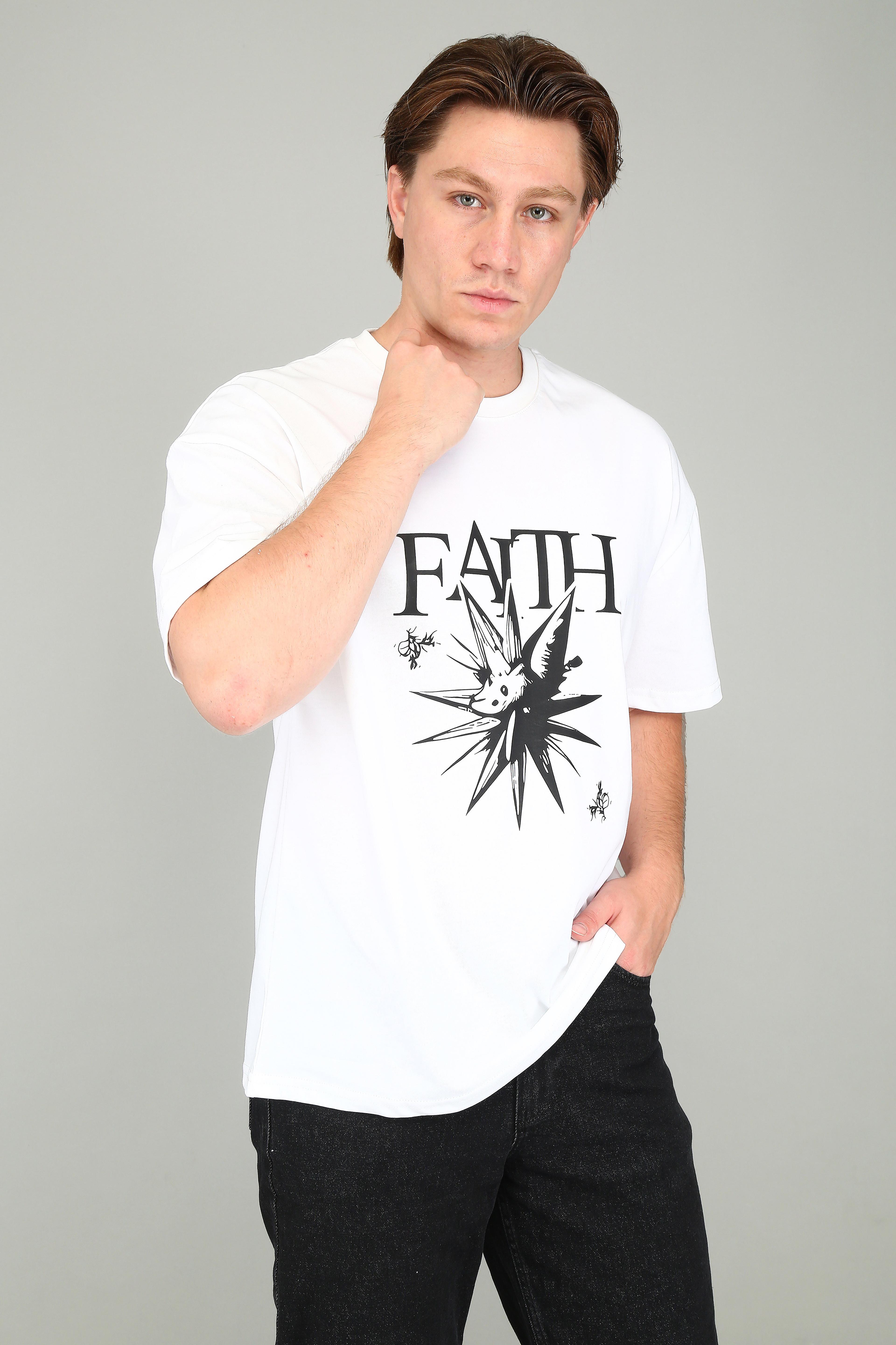 Faith Oversize Baskılı Beyaz Tişört